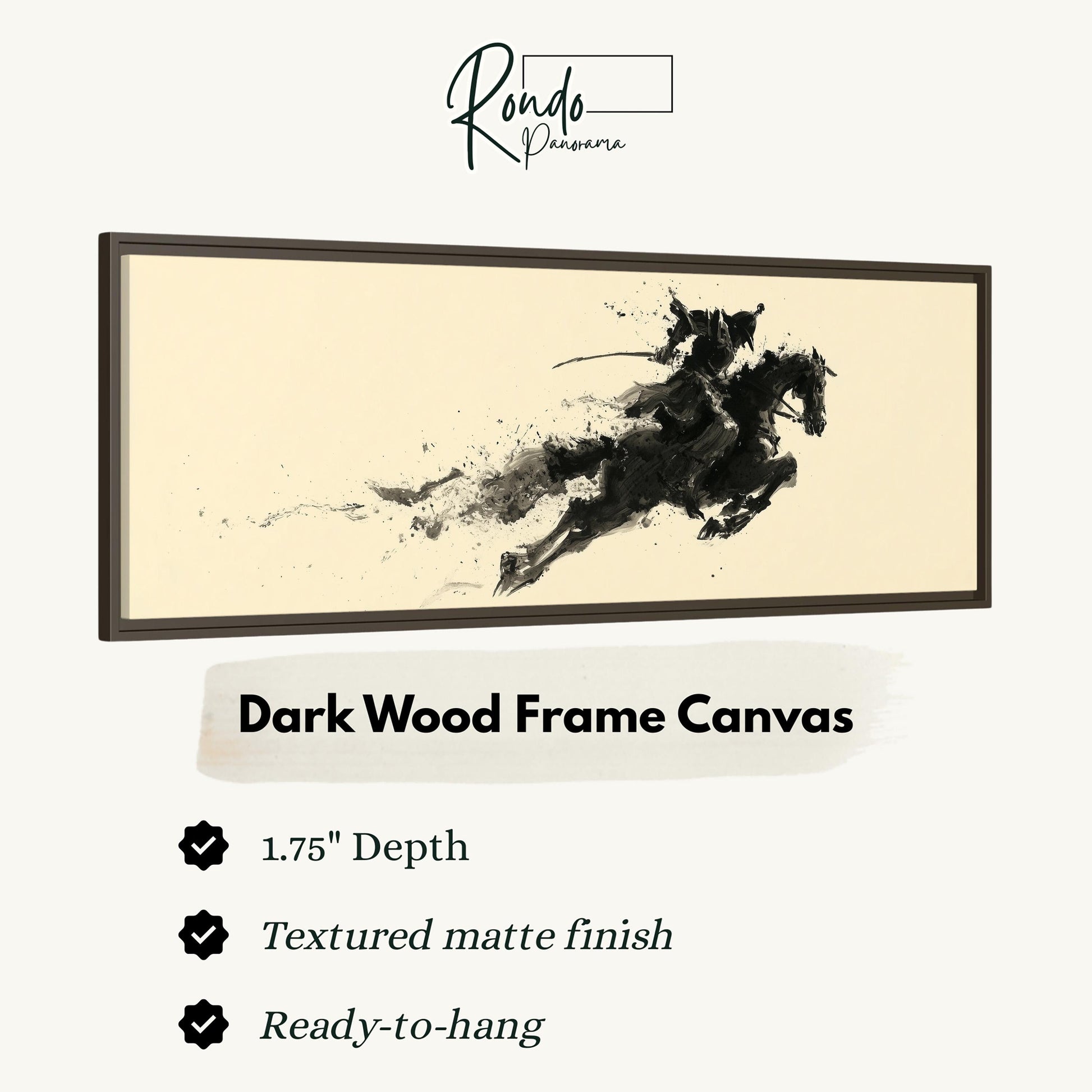 The image is a framed artwork depicting a horse in motion, with a dark wood frame.