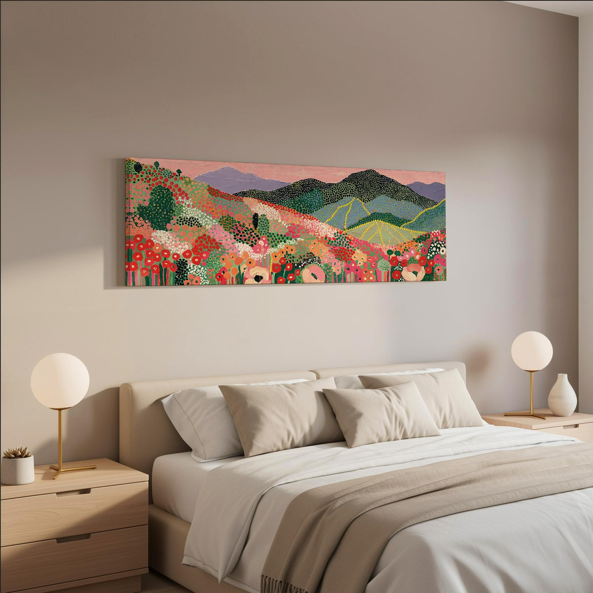 Dotted poppy mountains under a pink sky wide panoramic canvas print above a bed in a neutral bedroom