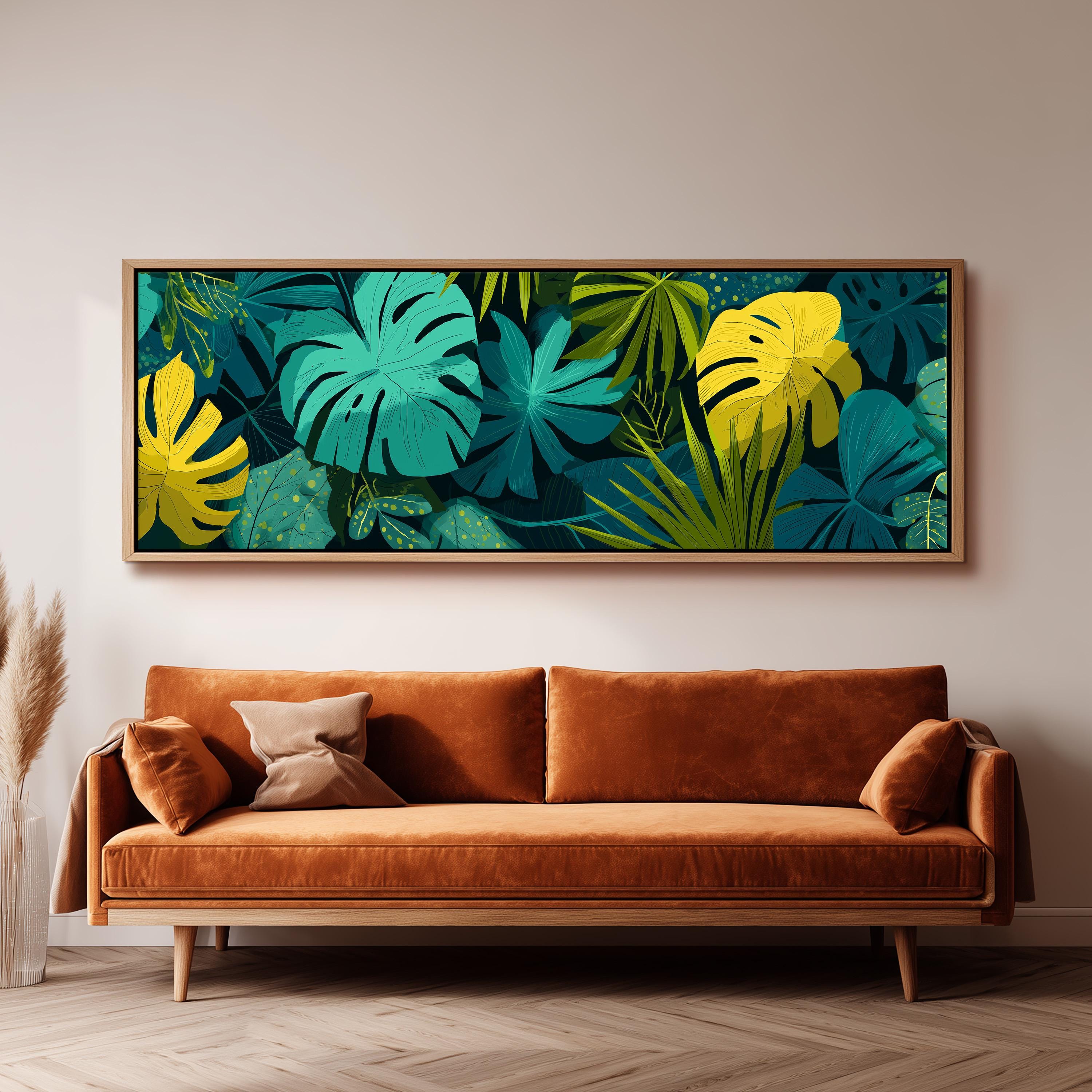 a large, vibrant painting of tropical plants hanging on a wall above a brown sofa.