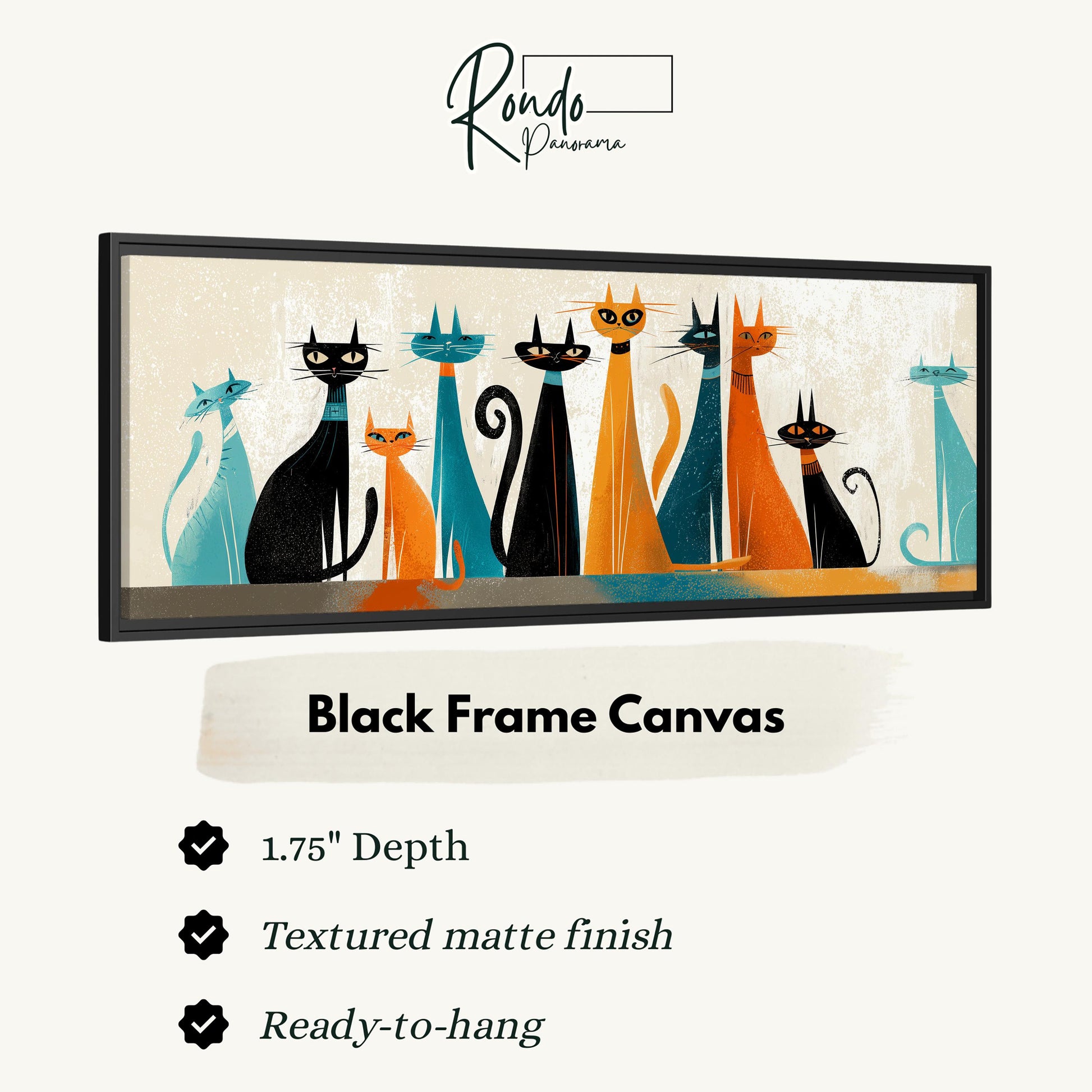 The image is a black frame canvas featuring a group of stylized cats in various colors and poses.