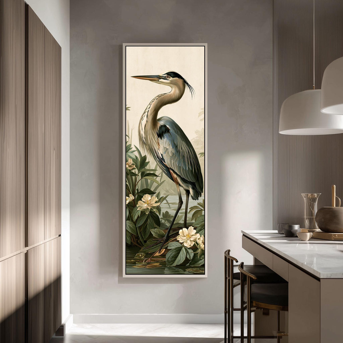 Blue heron among magnolia blooms tall skinny canvas print in a modern kitchen