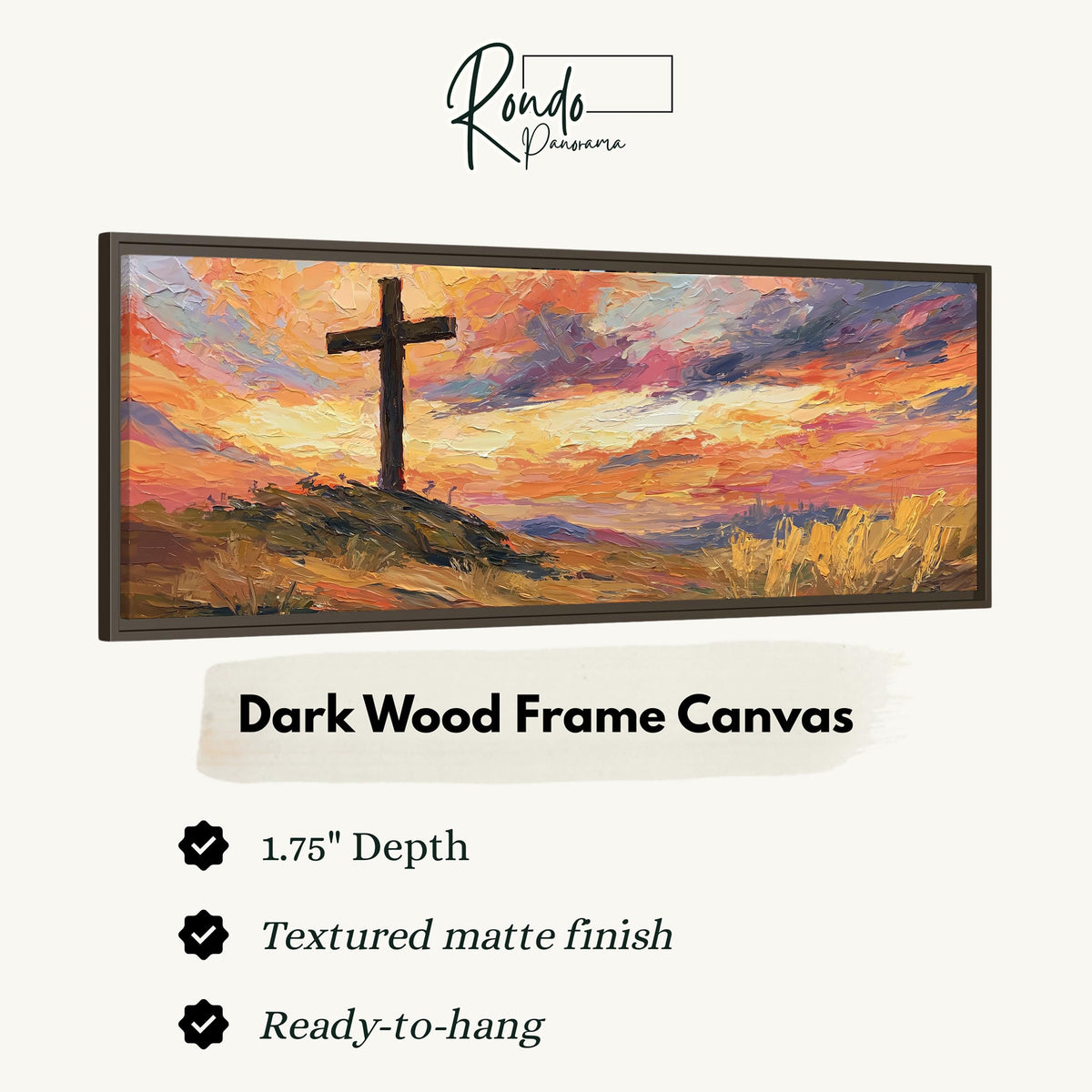 Cross on a hill at sunset canvas print in a dark wood floating frame