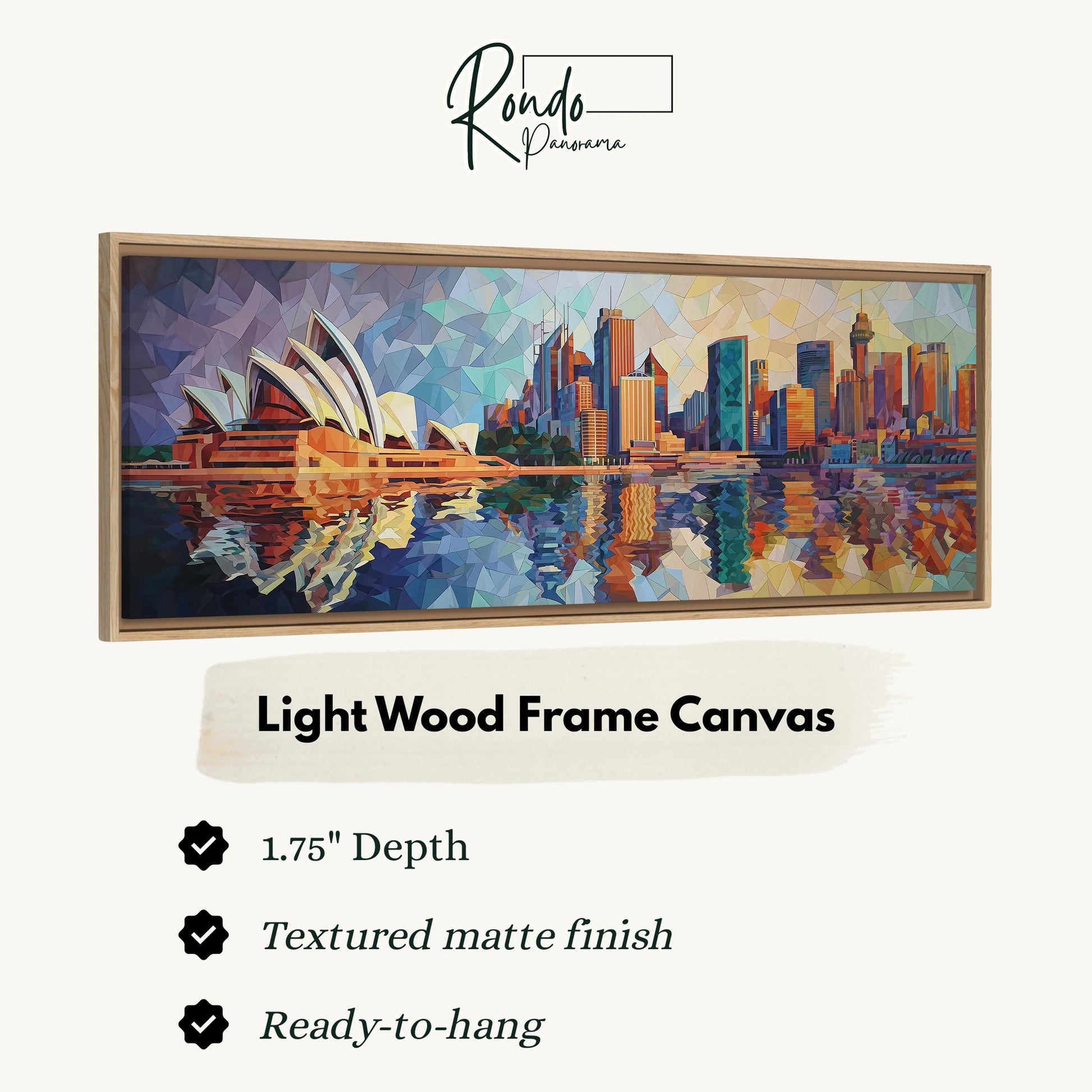 The image is a light wood frame canvas depicting the Sydney Opera House and the city skyline.