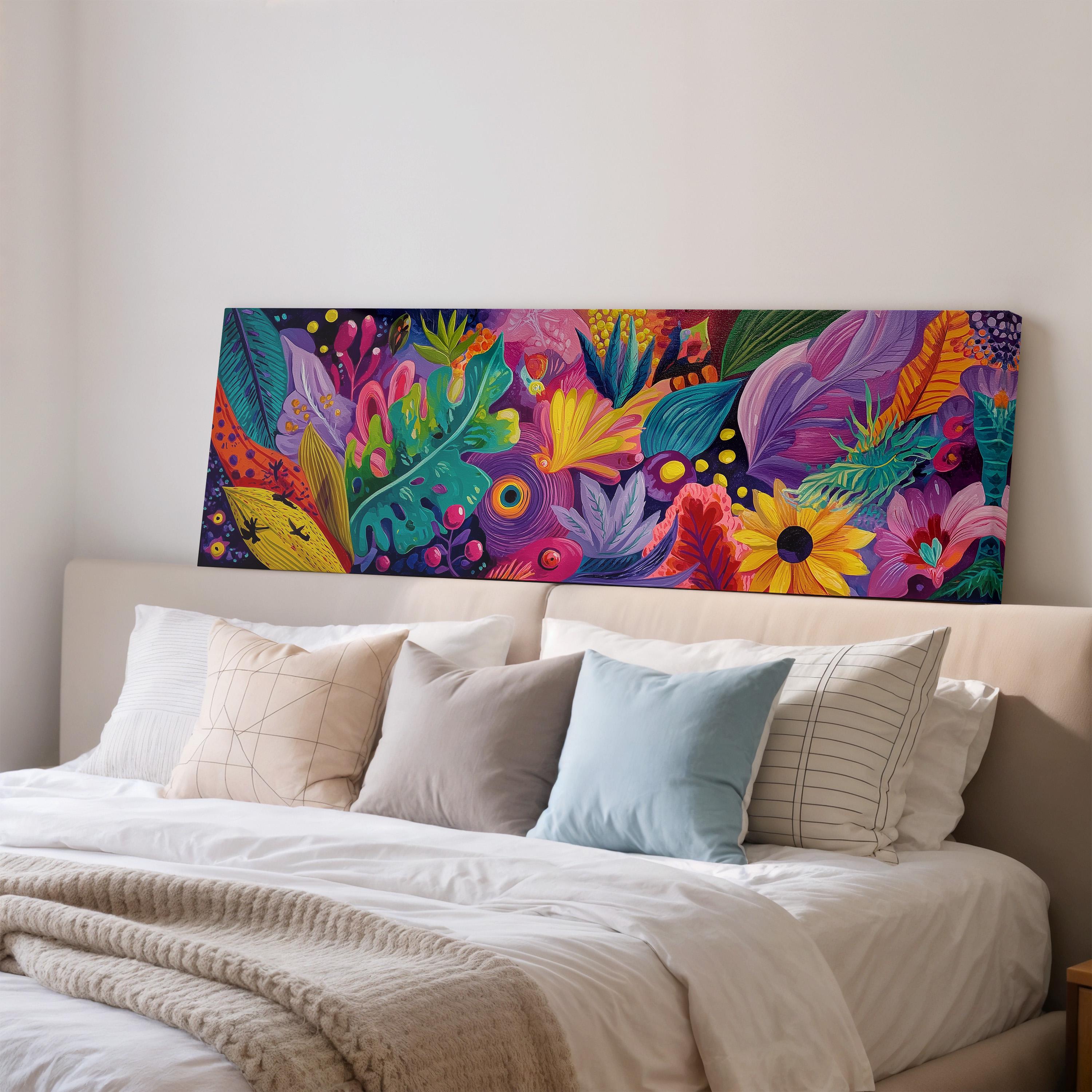 a large, colorful painting of tropical flowers and foliage displayed on a wall above a bed with white bedding and pillows.