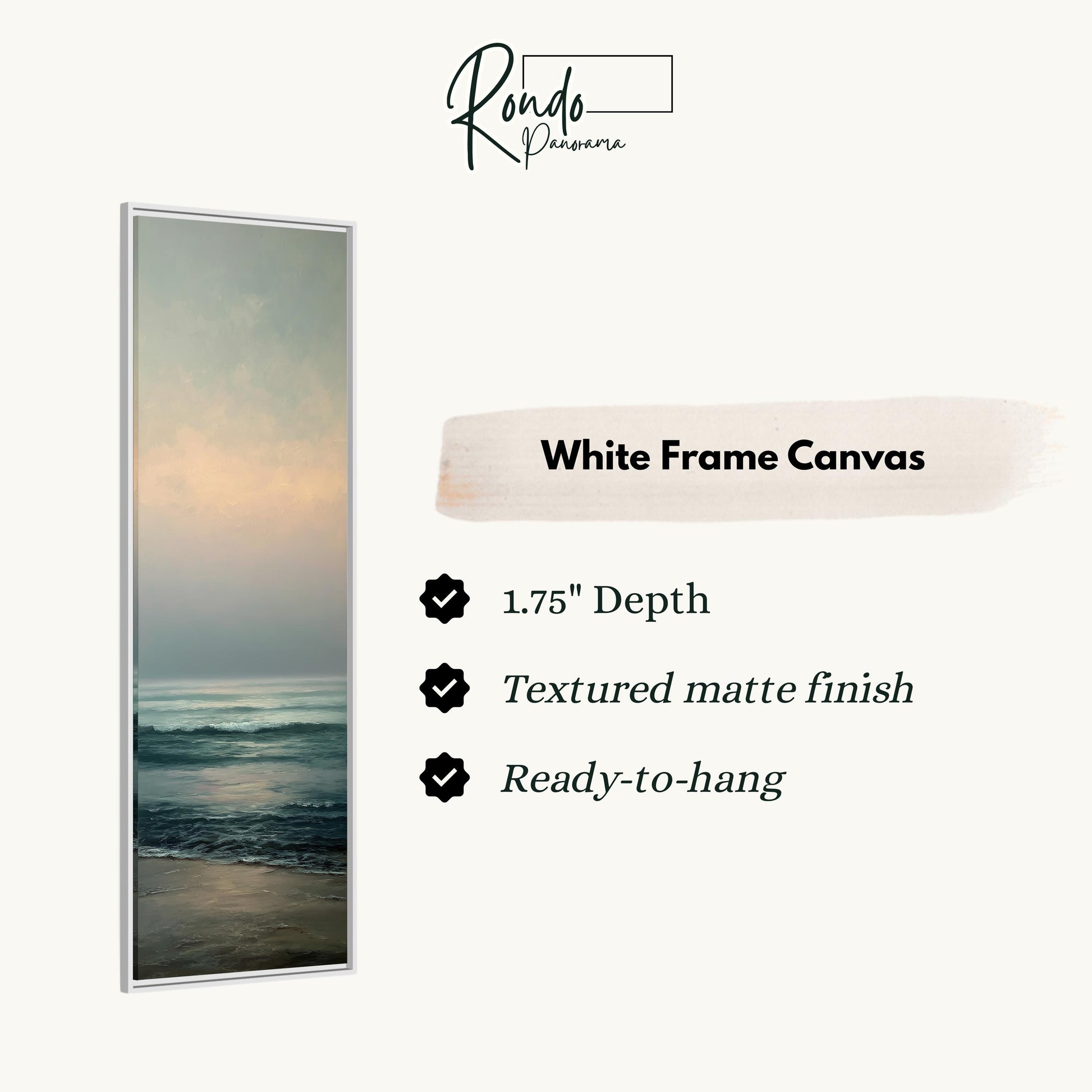 The image is a white frame canvas depicting a serene beach scene with waves crashing on the shore.