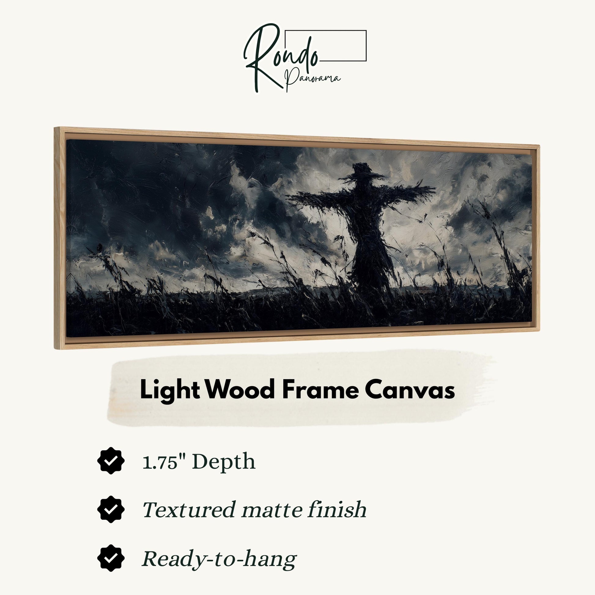The image is a framed artwork depicting a silhouette of a person standing in a field with a dark background, possibly a scarecrow.
