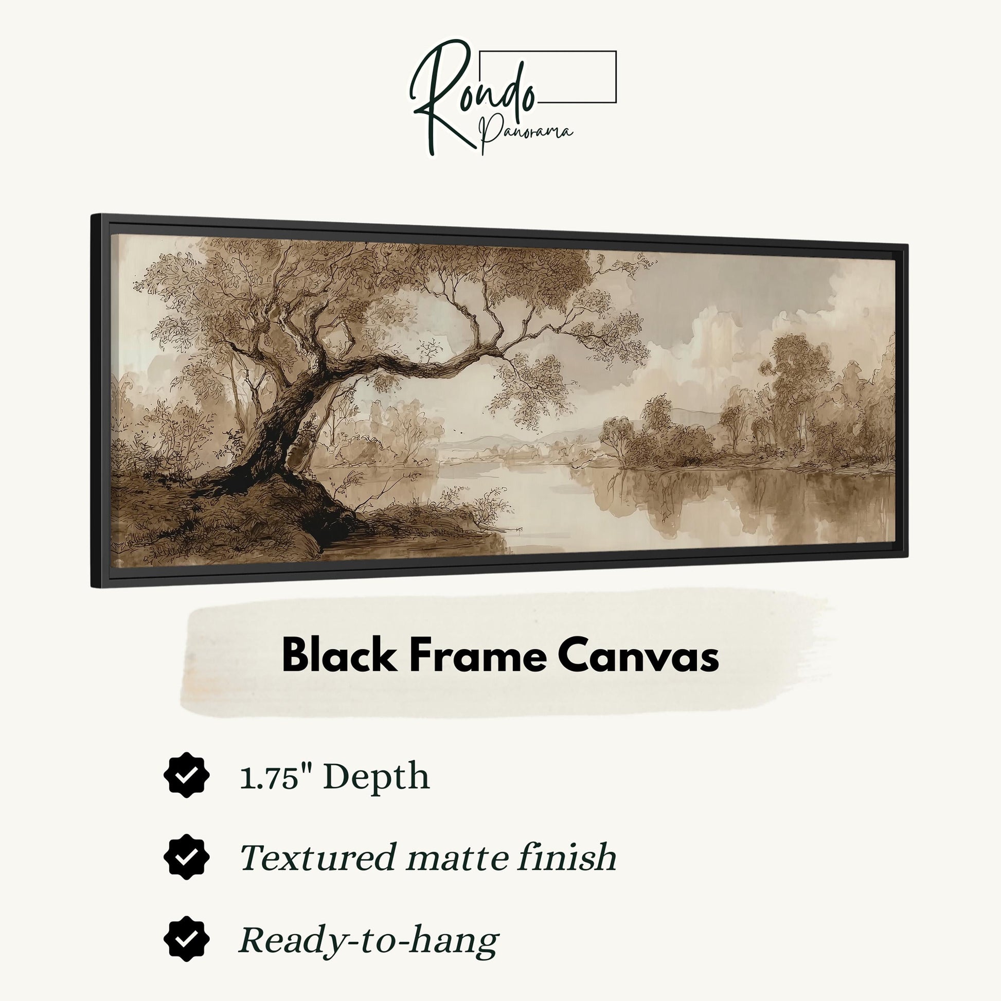The image is a black frame canvas depicting a landscape with a tree and a body of water.