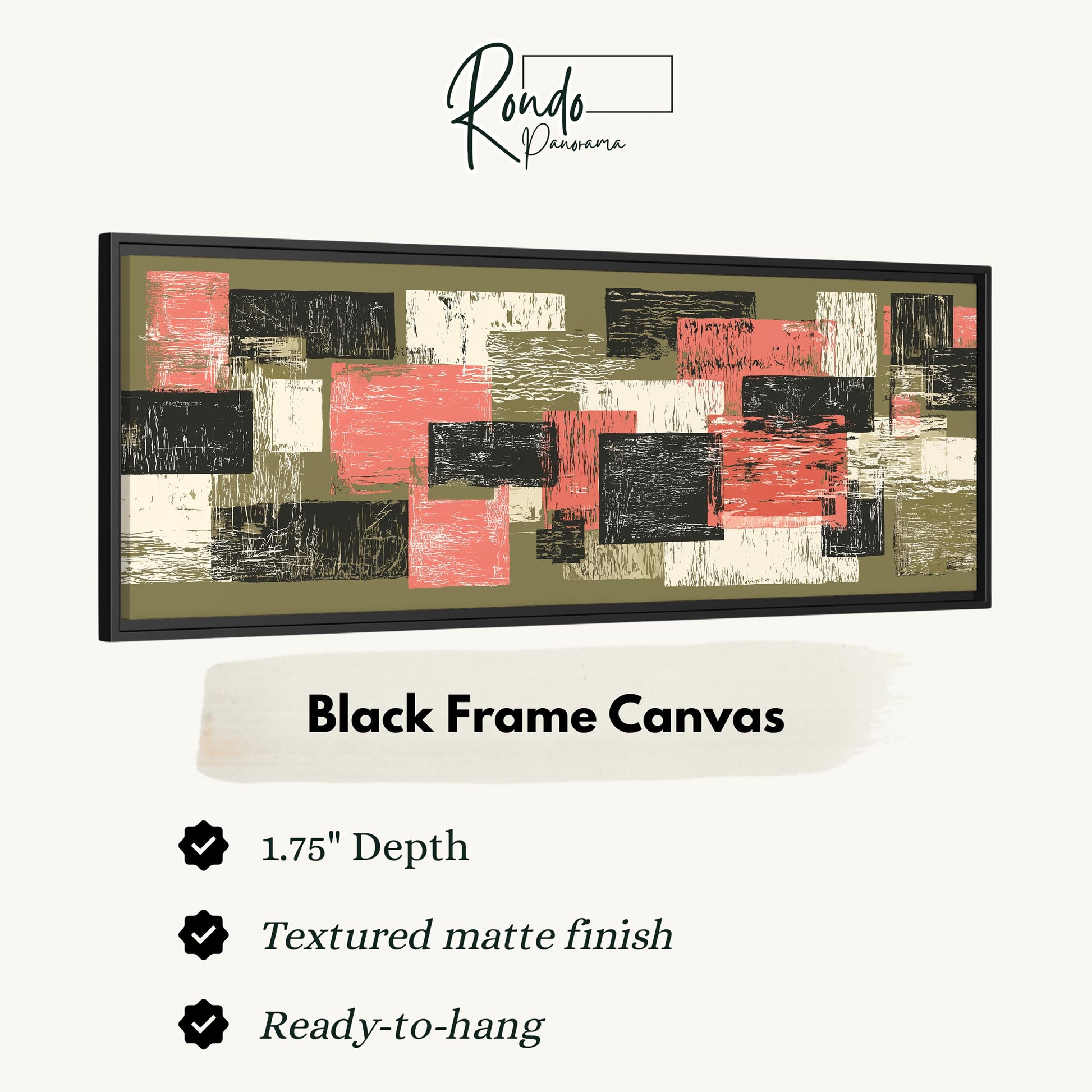 The image is a black frame canvas with a textured matte finish, measuring 1.75" in depth. It is ready to hang and has a textured matte finish.
