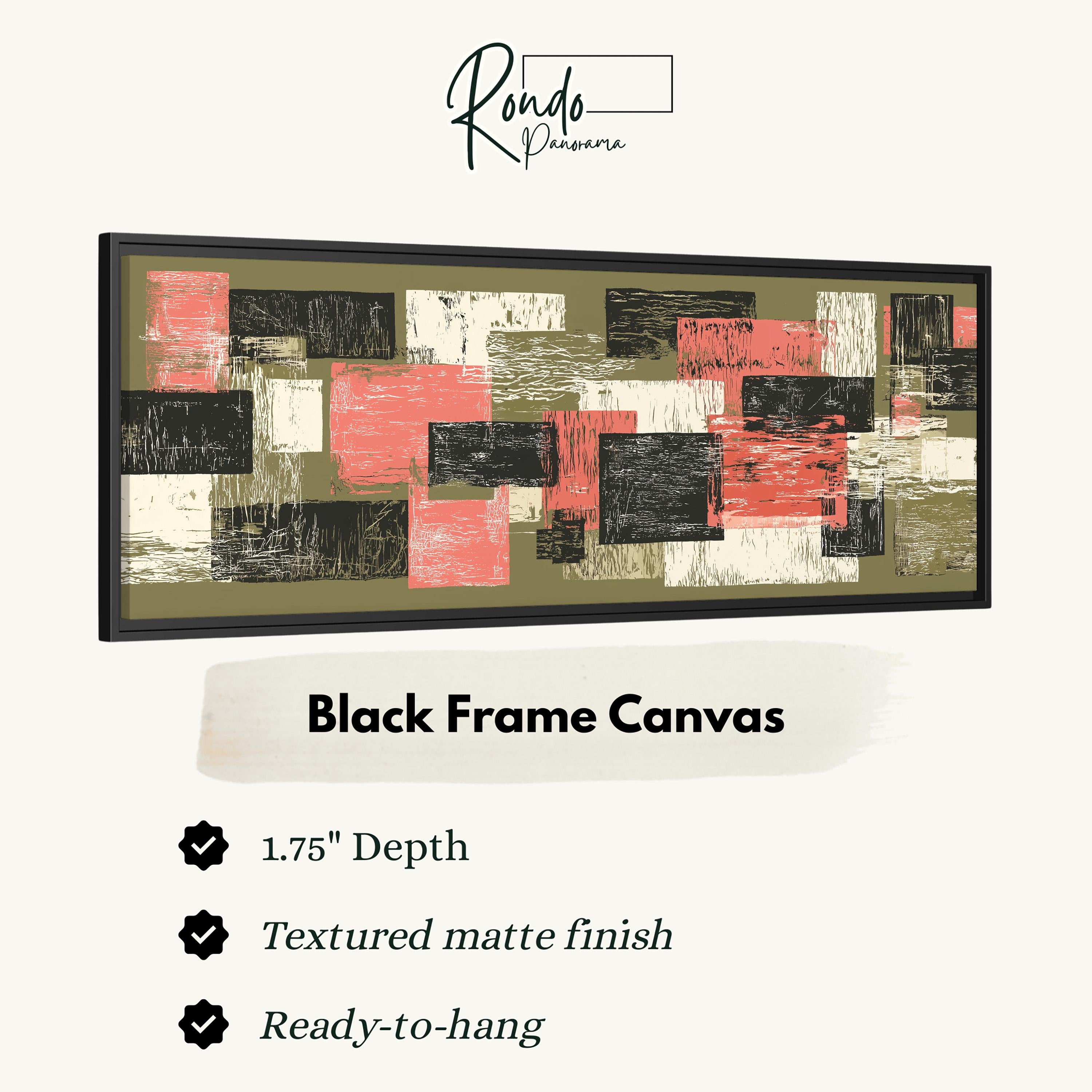 The image is a black frame canvas with a textured matte finish, measuring 1.75" in depth. It is ready to hang and has a textured matte finish.