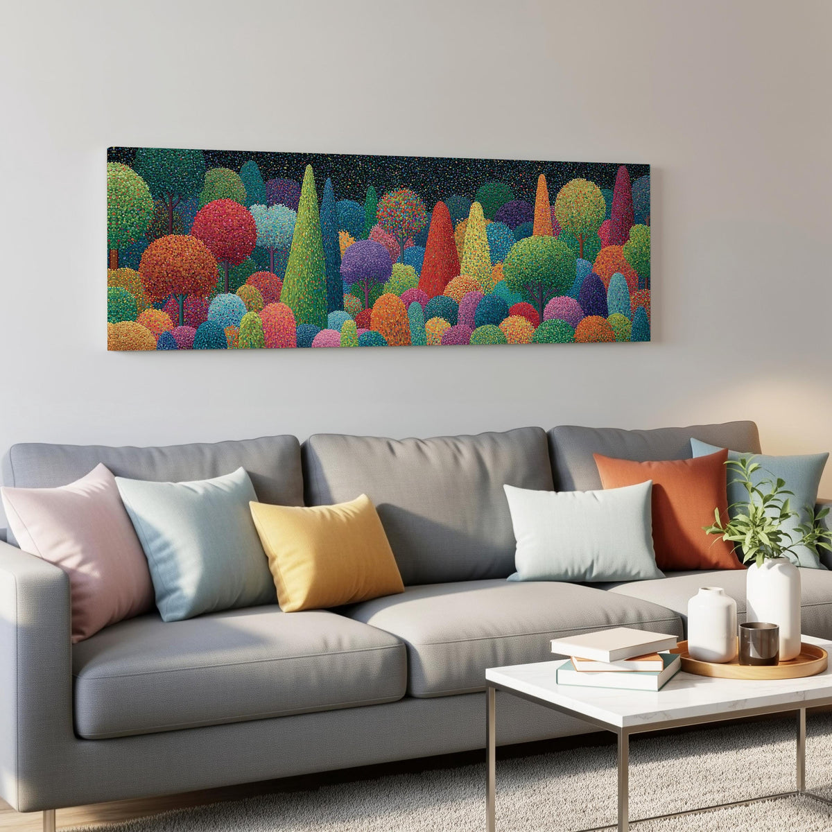Whimsical rainbow pointillist forest panoramic canvas print above a grey sofa in a living room