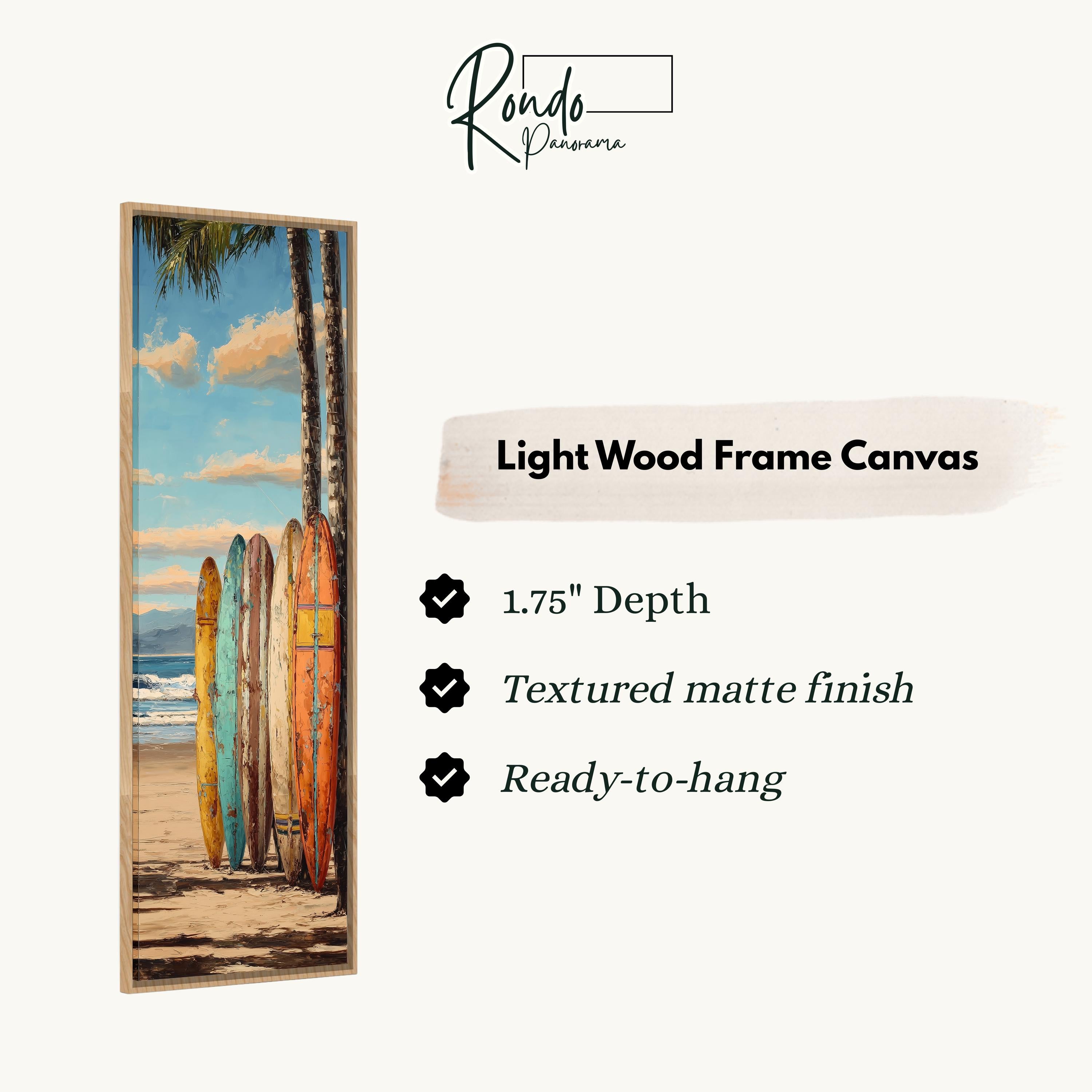 a light wood frame canvas depicting a beach scene with surfboards leaning against a palm tree.