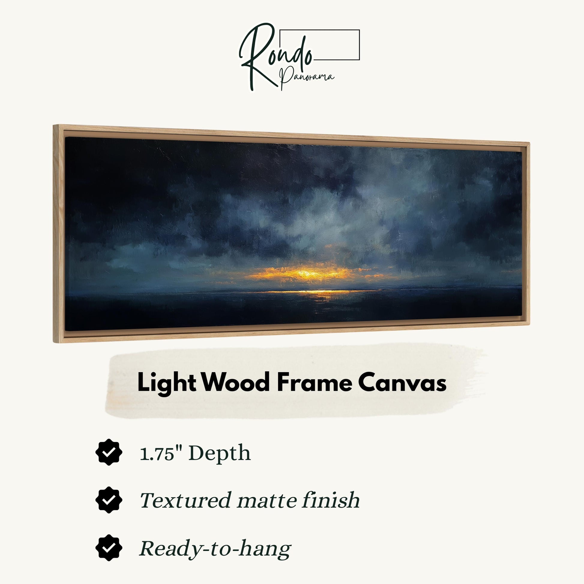 The image is a framed artwork depicting a serene landscape with a sunset over the ocean.