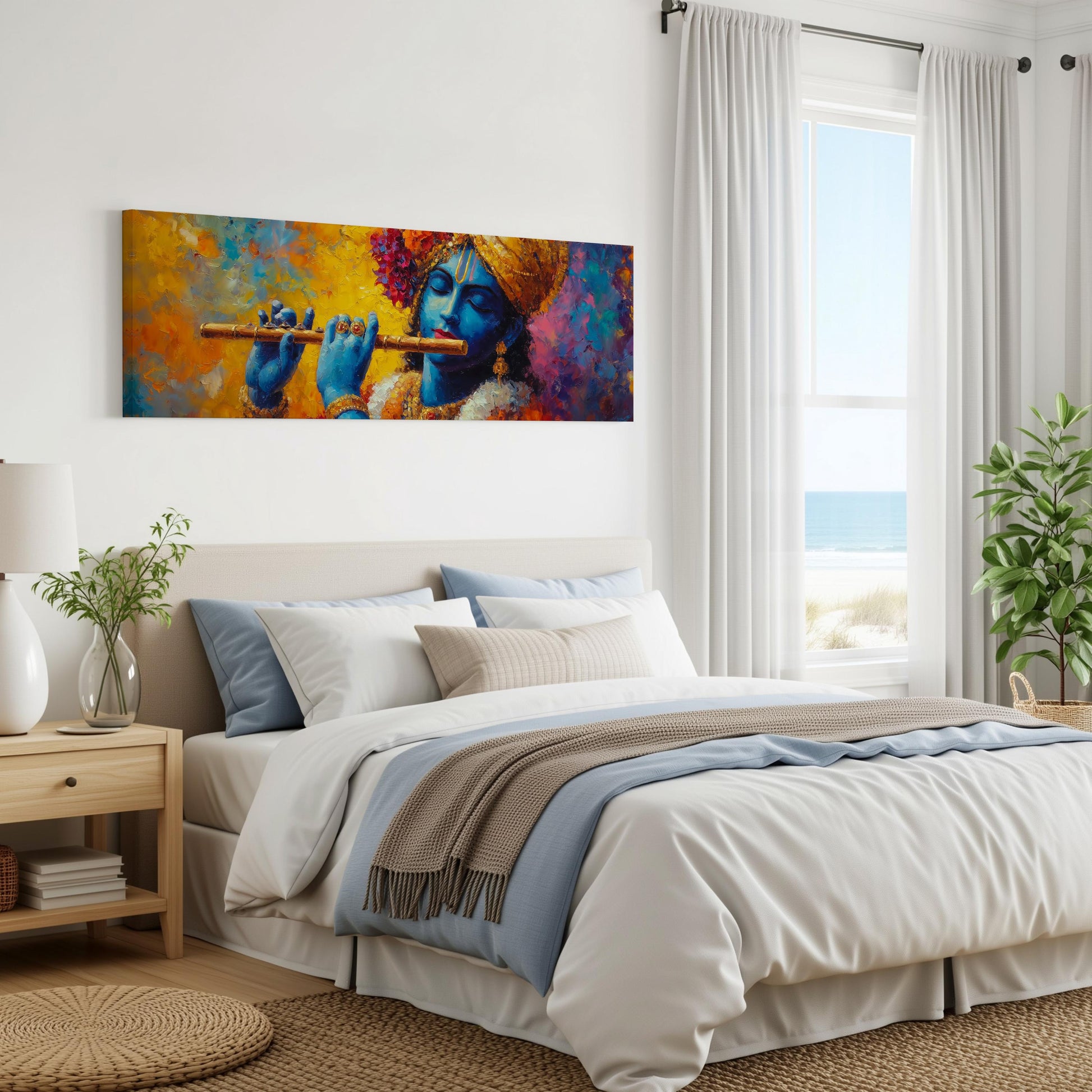 a bedroom with a large bed, a painting of a person playing a flute on the wall, and a window overlooking the ocean.