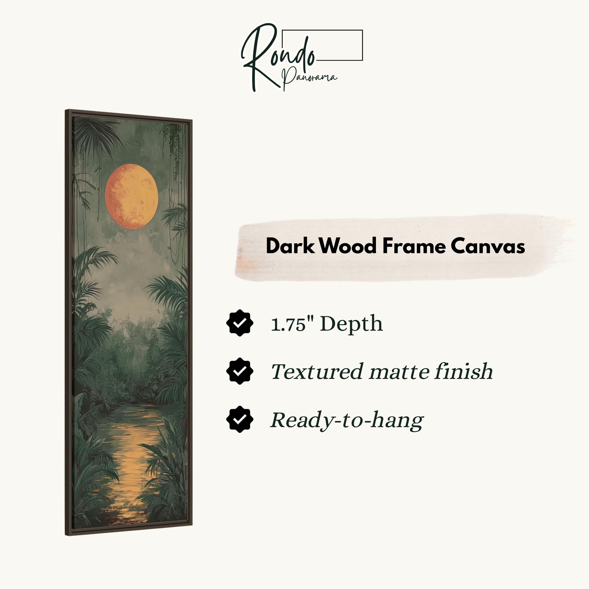 The image is a dark wood frame canvas depicting a tropical jungle scene with a large orange moon in the sky.