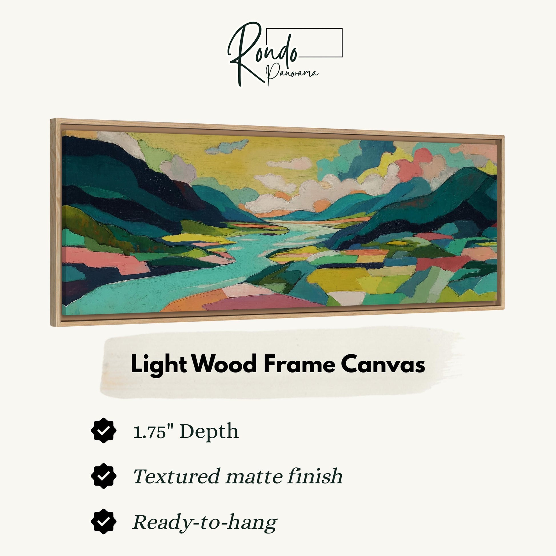 The image is a light wood frame canvas depicting a landscape with mountains, a river, and a sky with clouds.