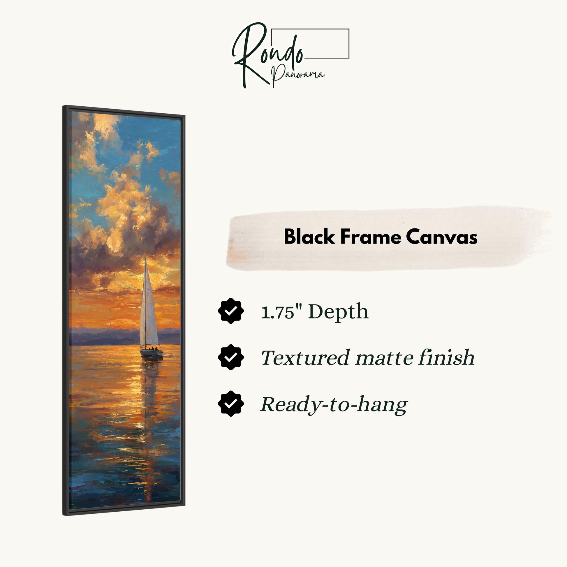 The image is a black frame canvas depicting a sailboat on the water at sunset.