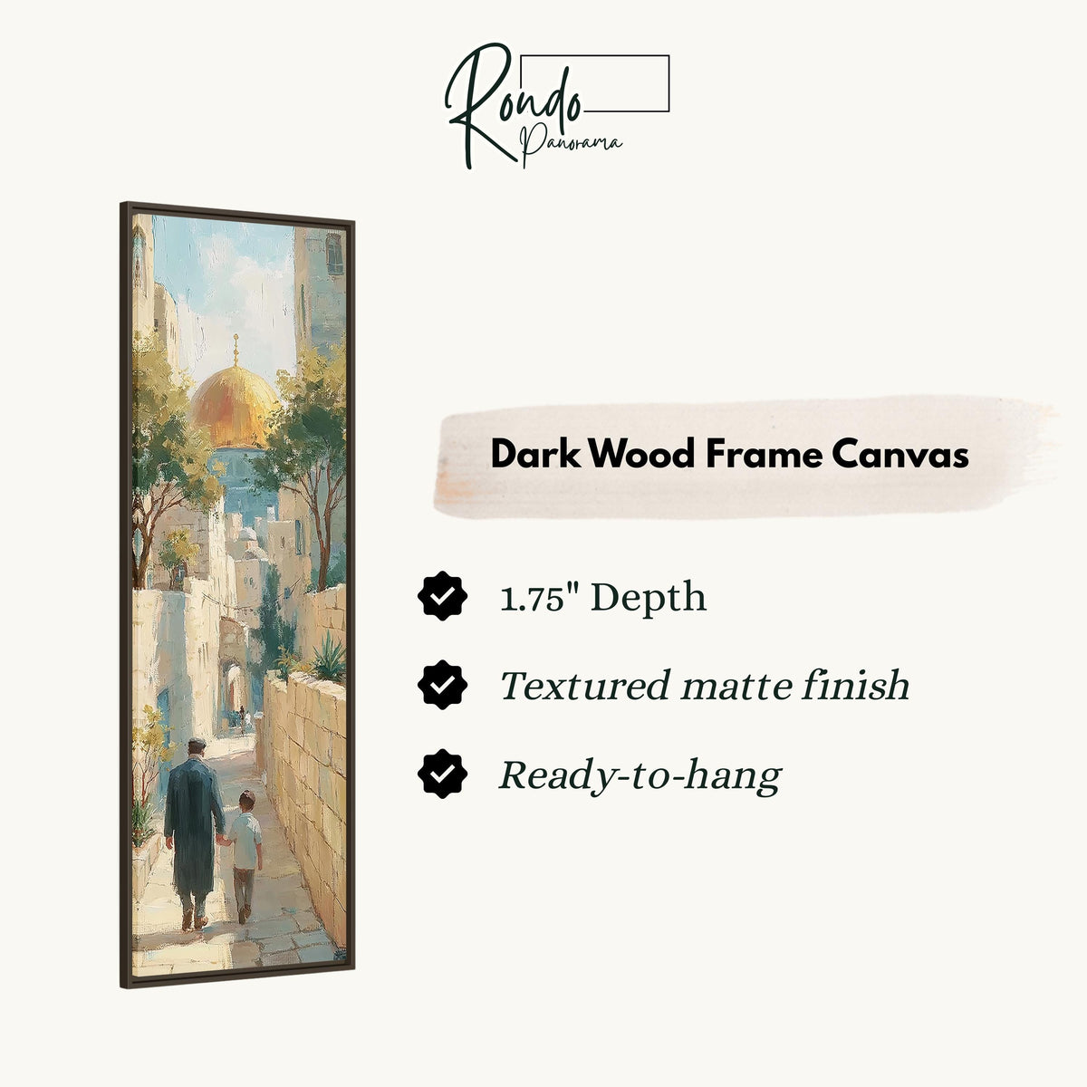 Father and child in a Jerusalem alley toward the golden dome canvas print in a dark wood floating frame