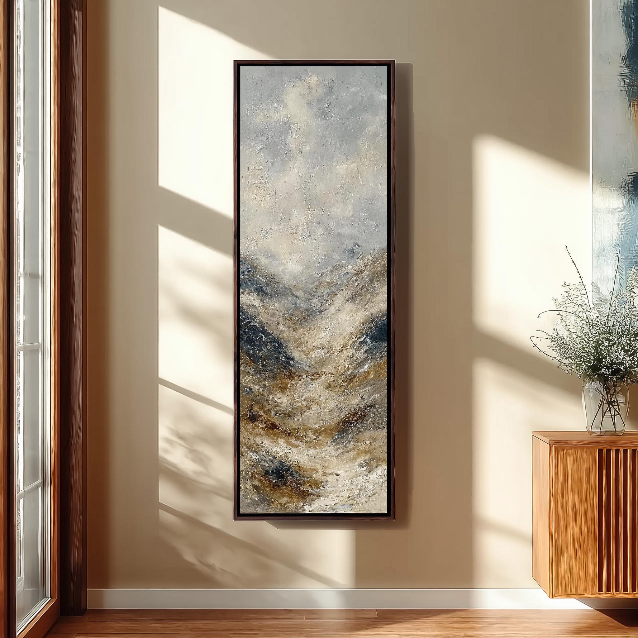 a large, rectangular painting hanging on a wall in a room with a wooden floor and a window.