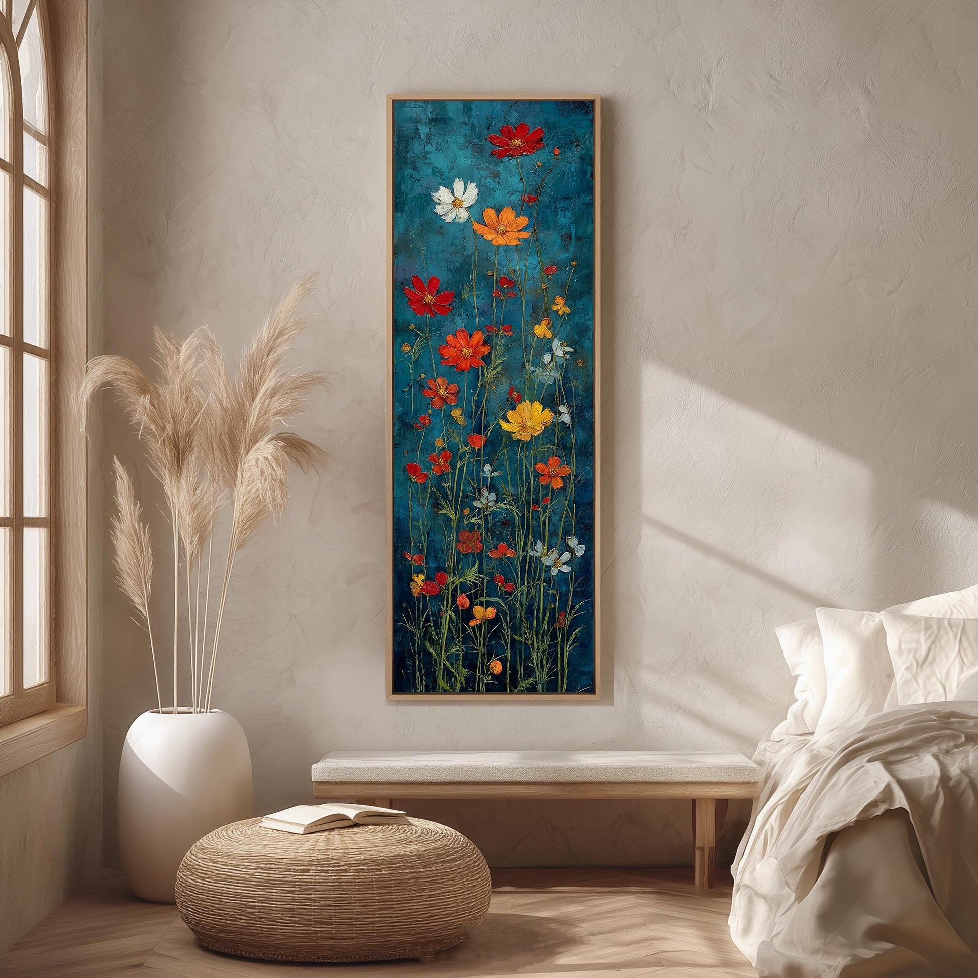 a large, colorful painting of flowers hanging on a wall in a room with a bed, a wicker ottoman, and a window.