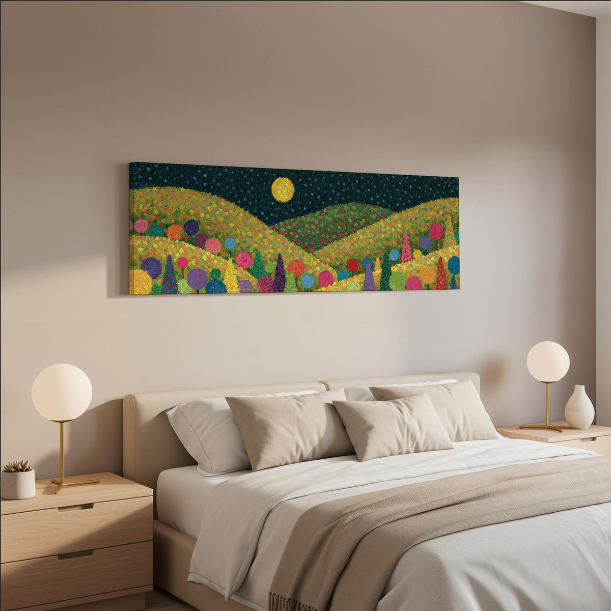 Moonlit pastel flower hills wide panoramic canvas print above a bed in a neutral bedroom