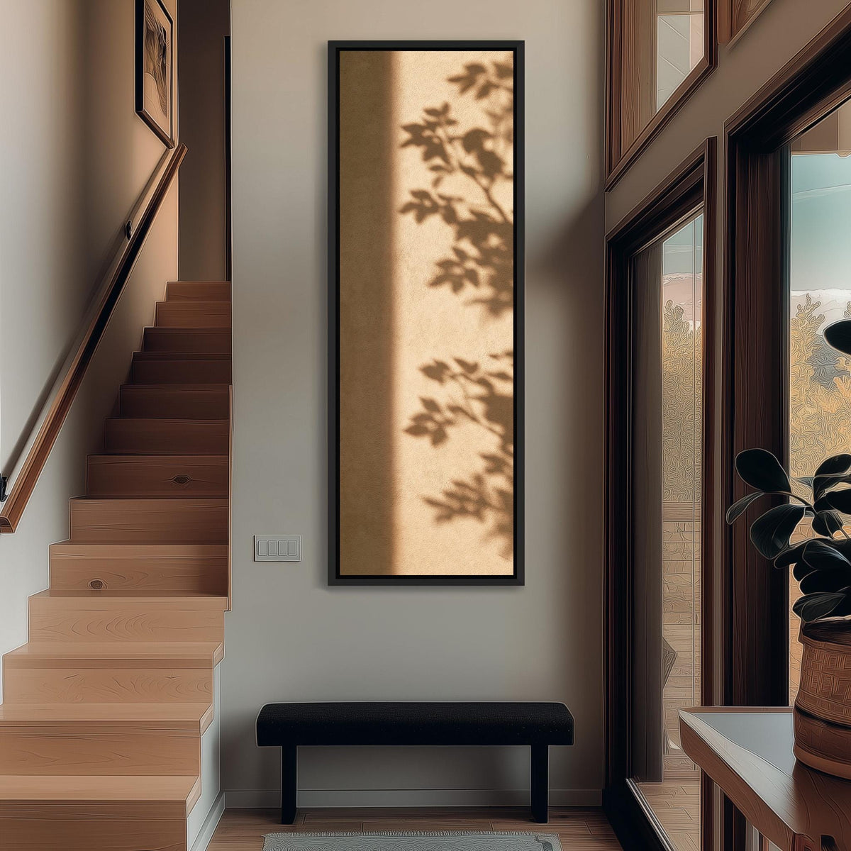 Leaf shadows on a warm tan wall tall narrow canvas print beside a staircase in an entryway