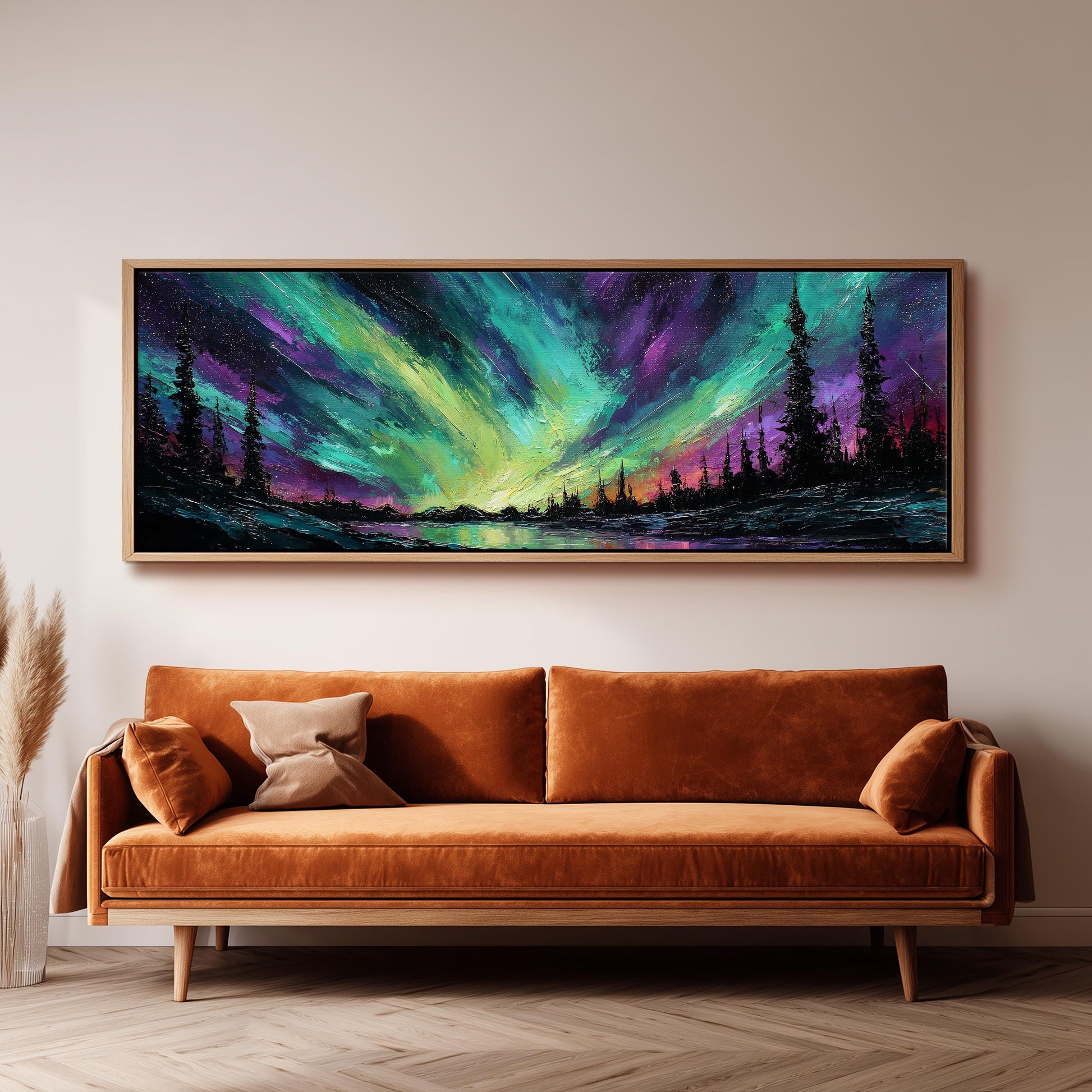 a large, vibrant painting of a landscape with a lake and trees, hanging on a wall above a brown sofa.