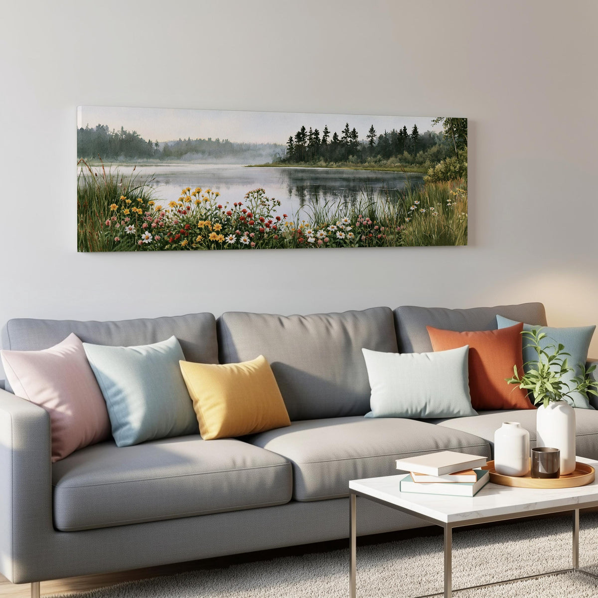 Lake with wildflowers on the shore panoramic canvas print above a grey sofa in a living room
