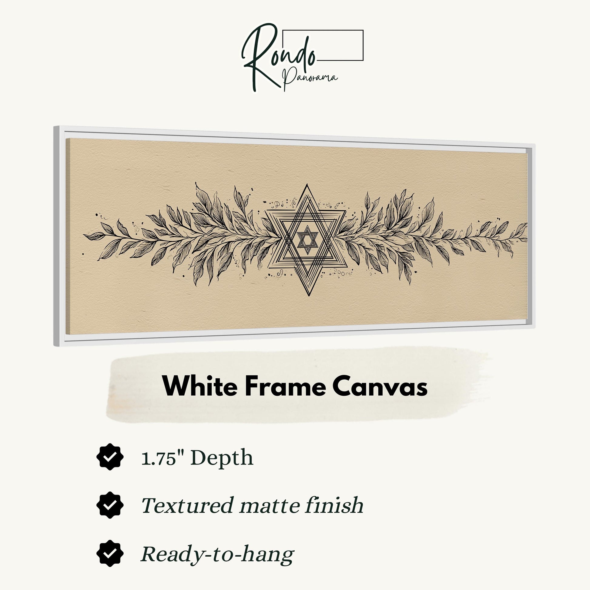 The image is a product description for a white frame canvas. It features a white frame canvas with a geometric design and a Star of David. The canvas has a 1.75" depth and is textured with a matte finish. It is ready to hang.