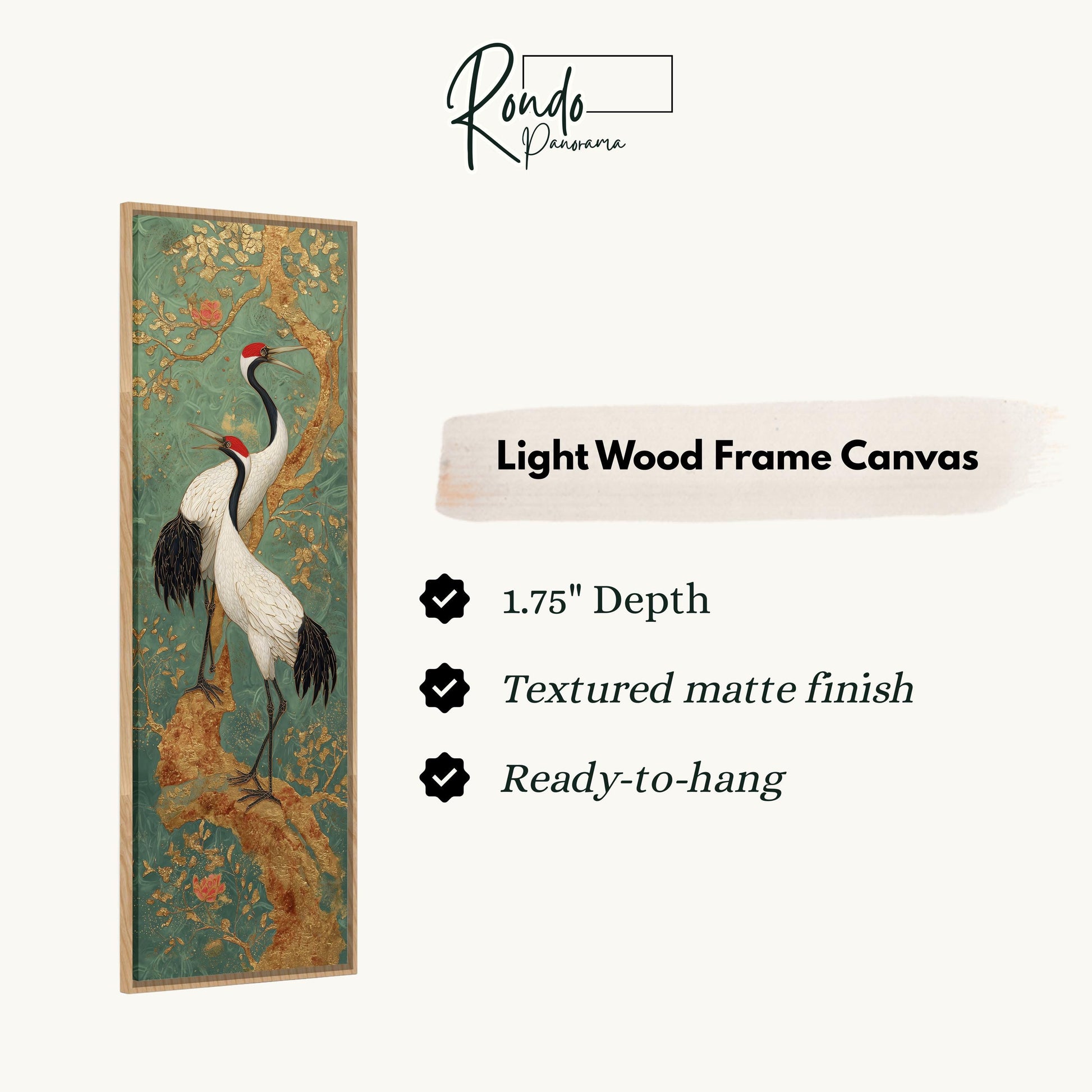 The image is a light wood frame canvas featuring a painting of two white birds with black and red accents on a green background with gold accents.