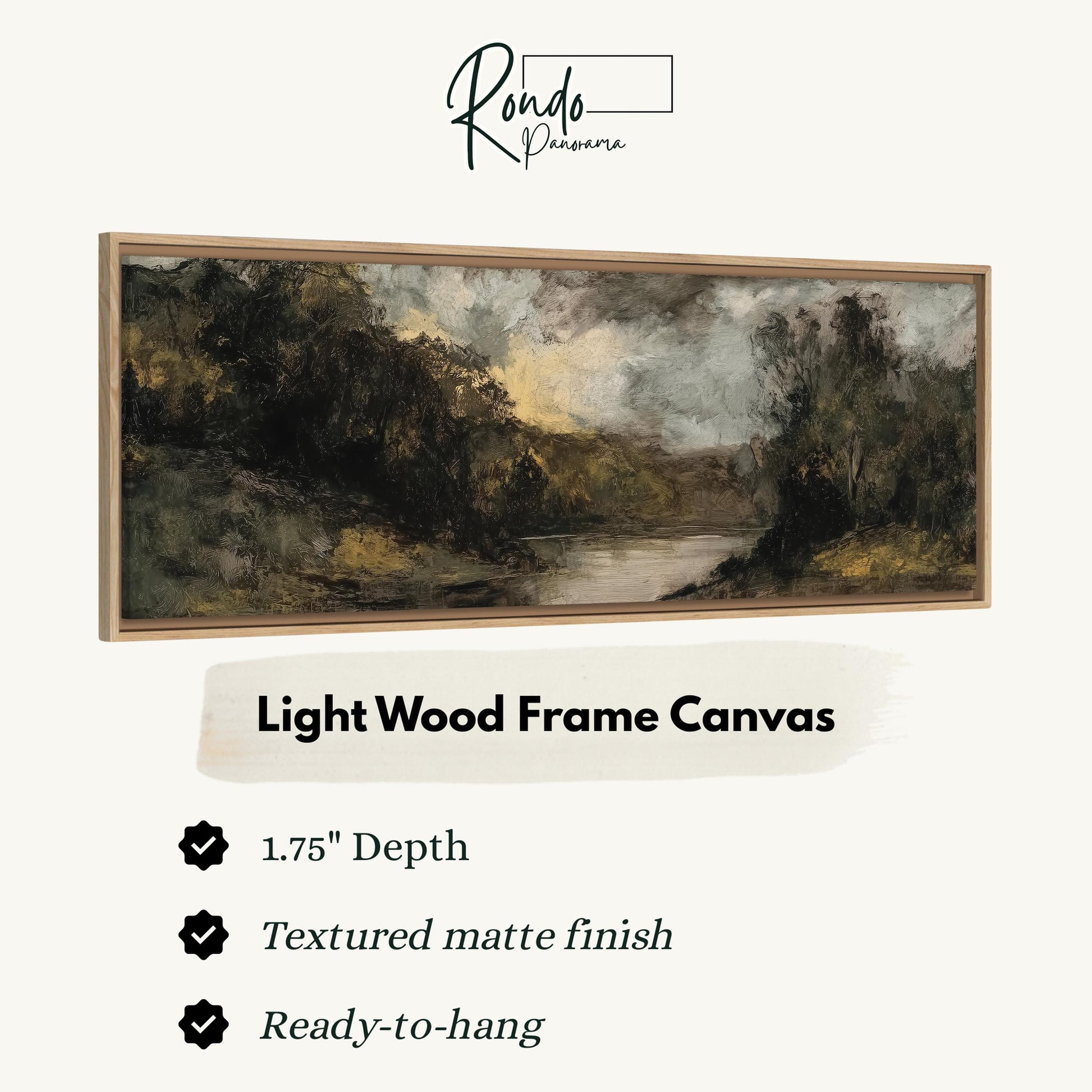The image is a framed artwork depicting a landscape scene with trees and a body of water.