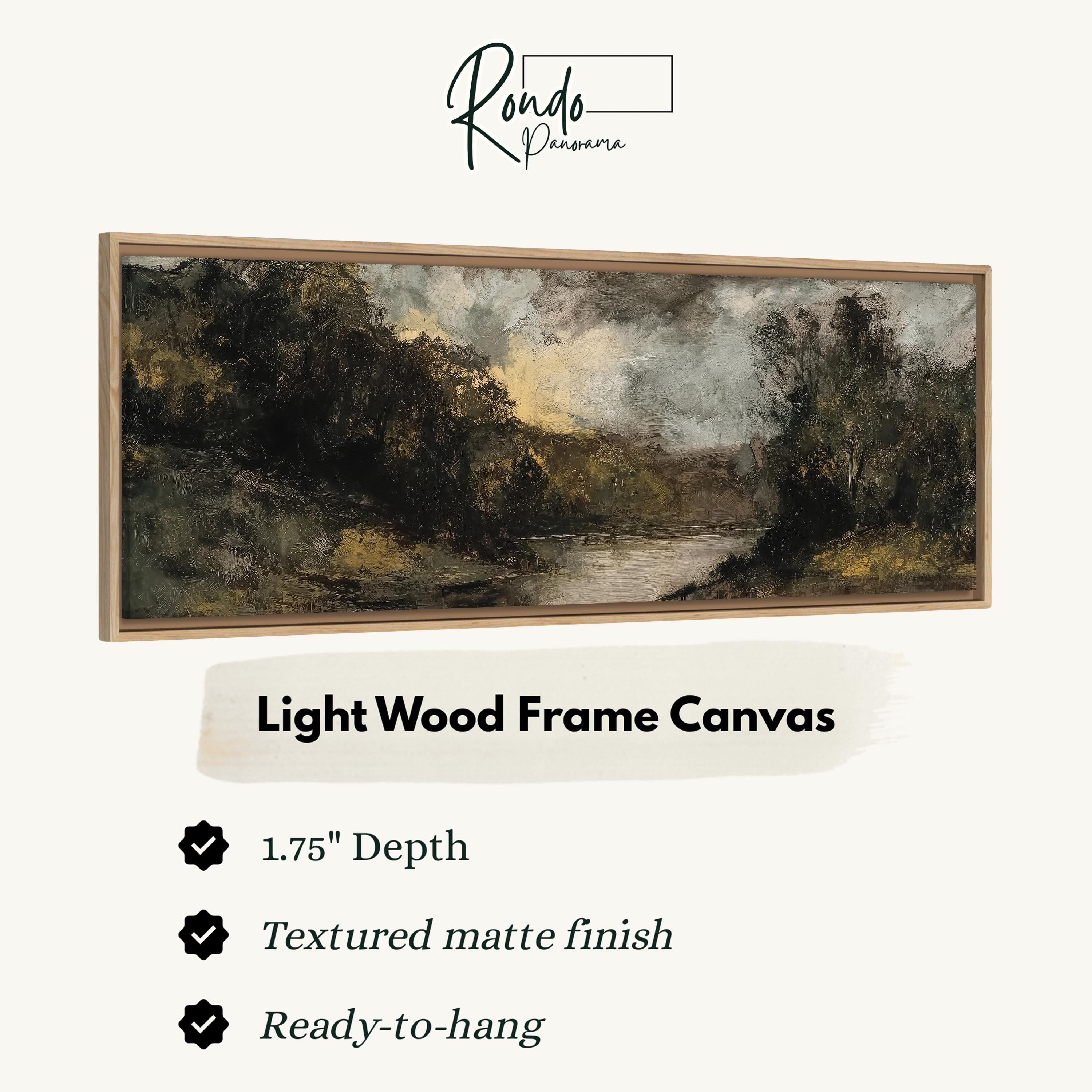 The image is a framed artwork depicting a landscape scene with trees and a body of water.