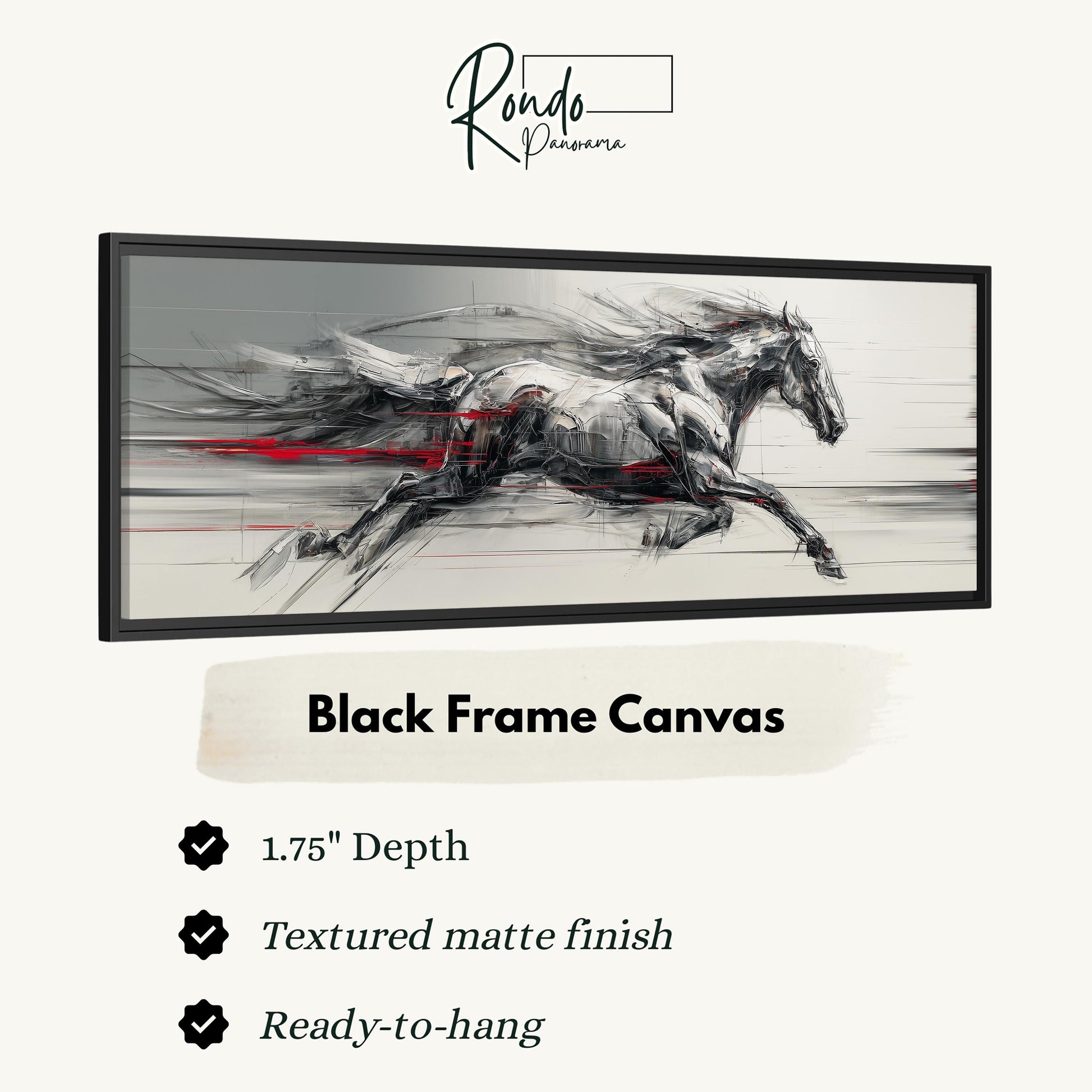 The image is a black frame canvas depicting a running horse in motion.