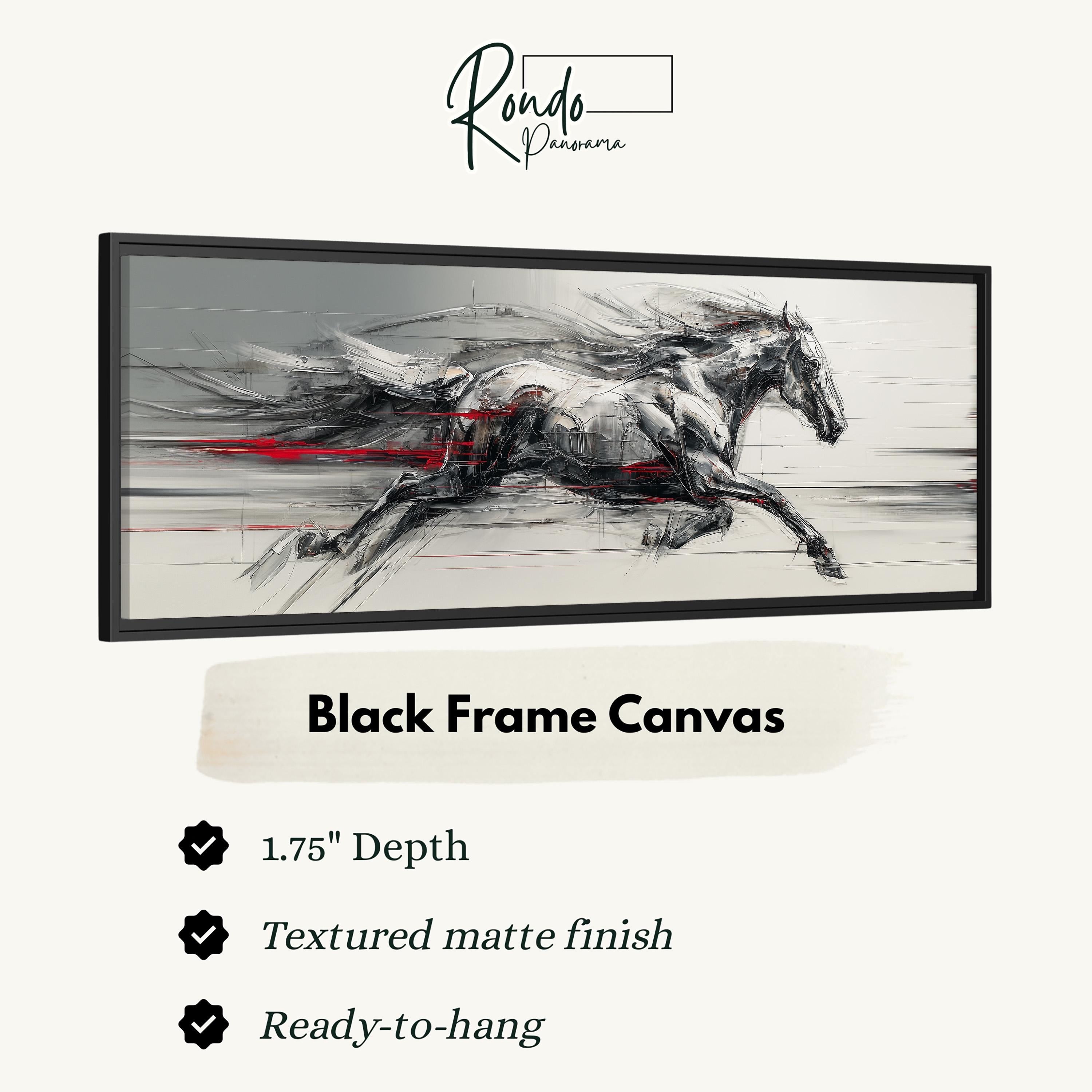 The image is a black frame canvas depicting a running horse in motion.
