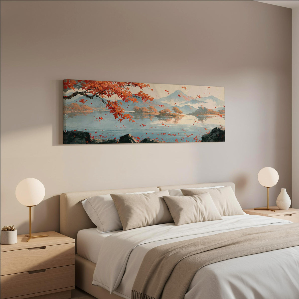 Japanese maple over a misty lake wide panoramic canvas print above a bed in a neutral bedroom