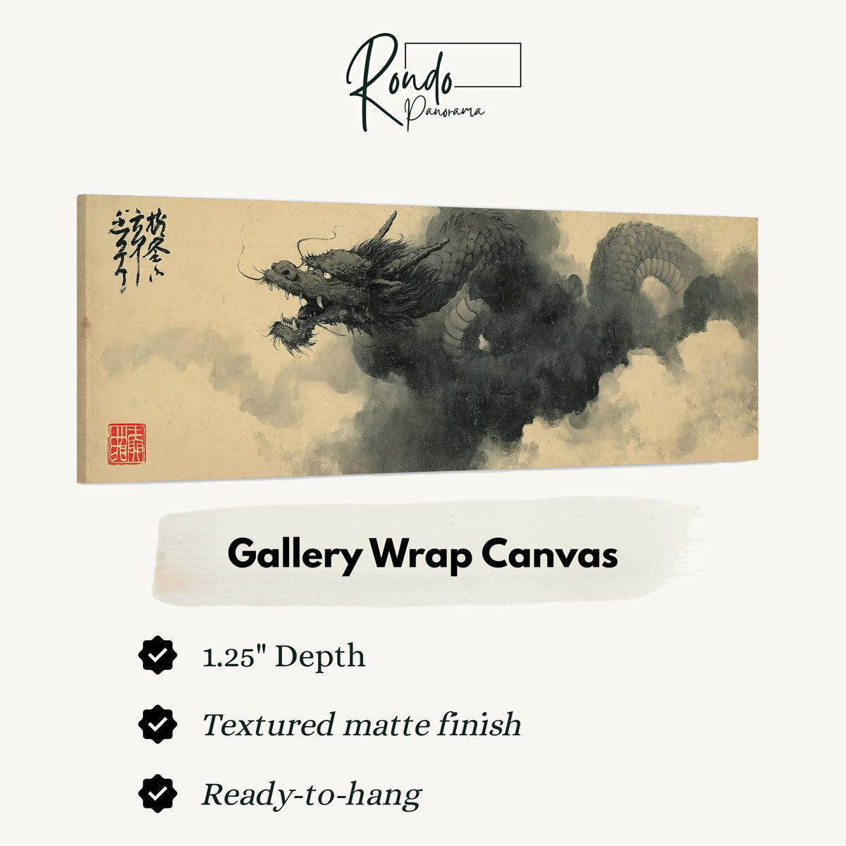 Ink dragon in the clouds gallery wrap canvas with the image wrapped around the edges