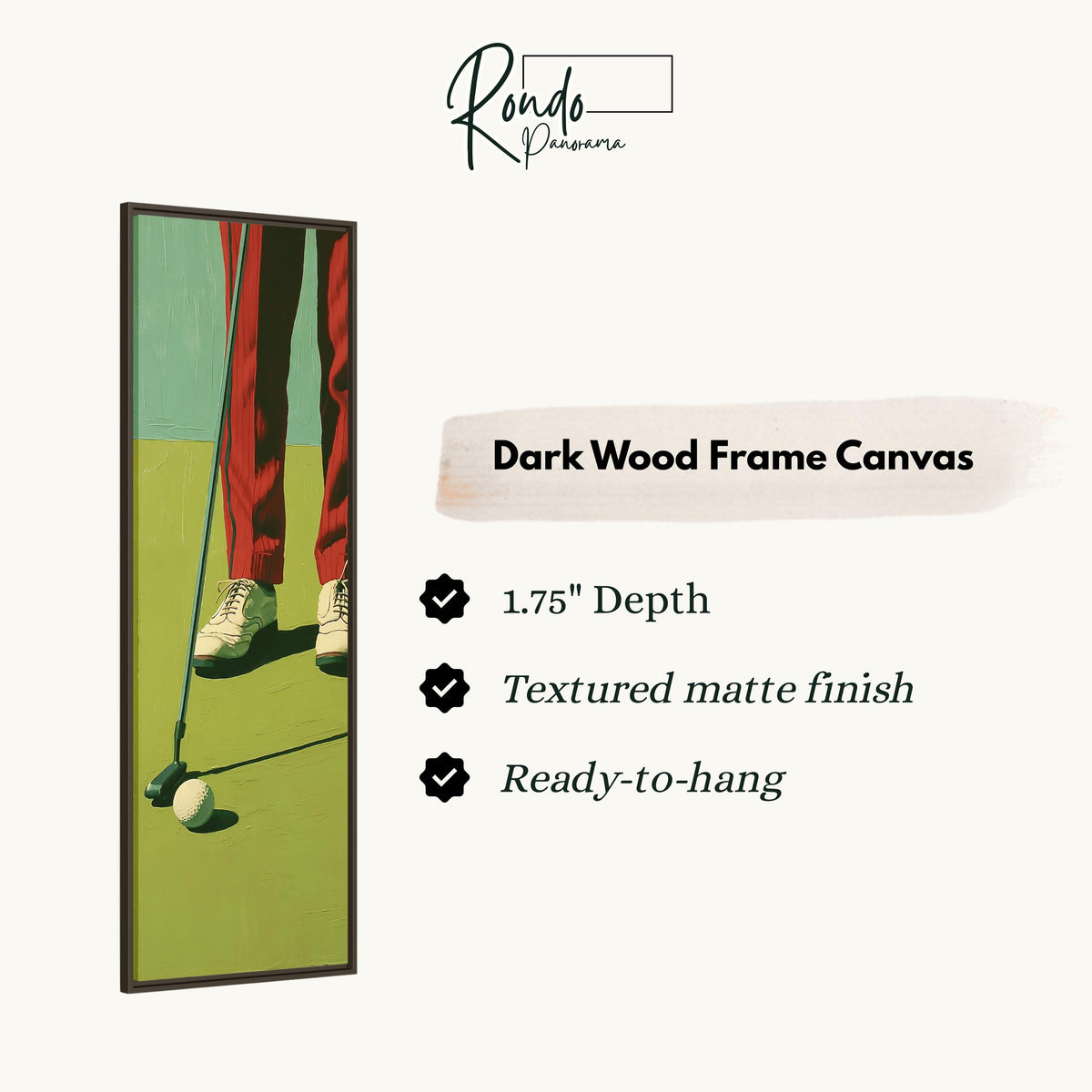 Golfer in red trousers lining up a putt canvas print in a dark wood floating frame