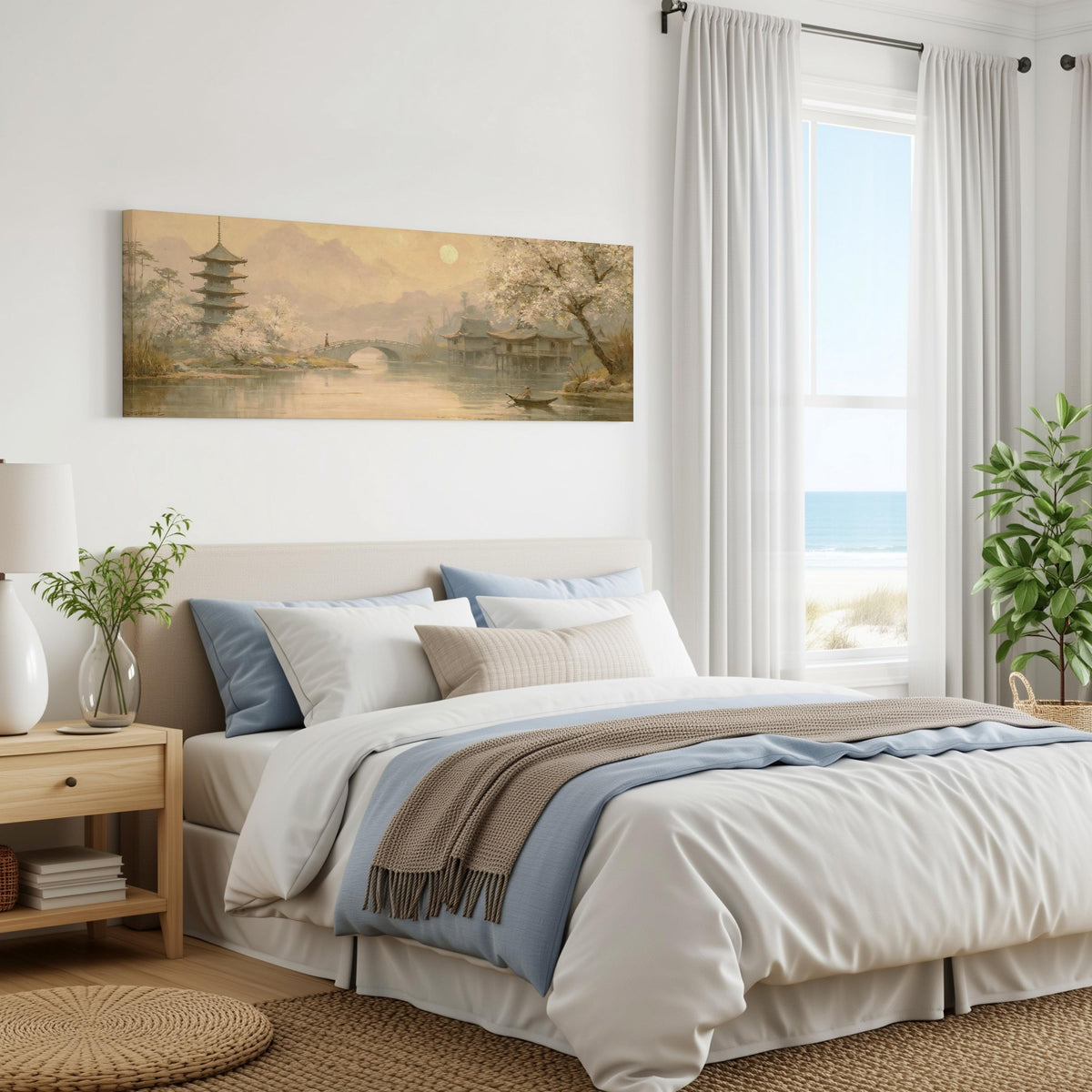 Pagoda and stone bridge at dusk panoramic canvas print above a bed in a coastal bedroom