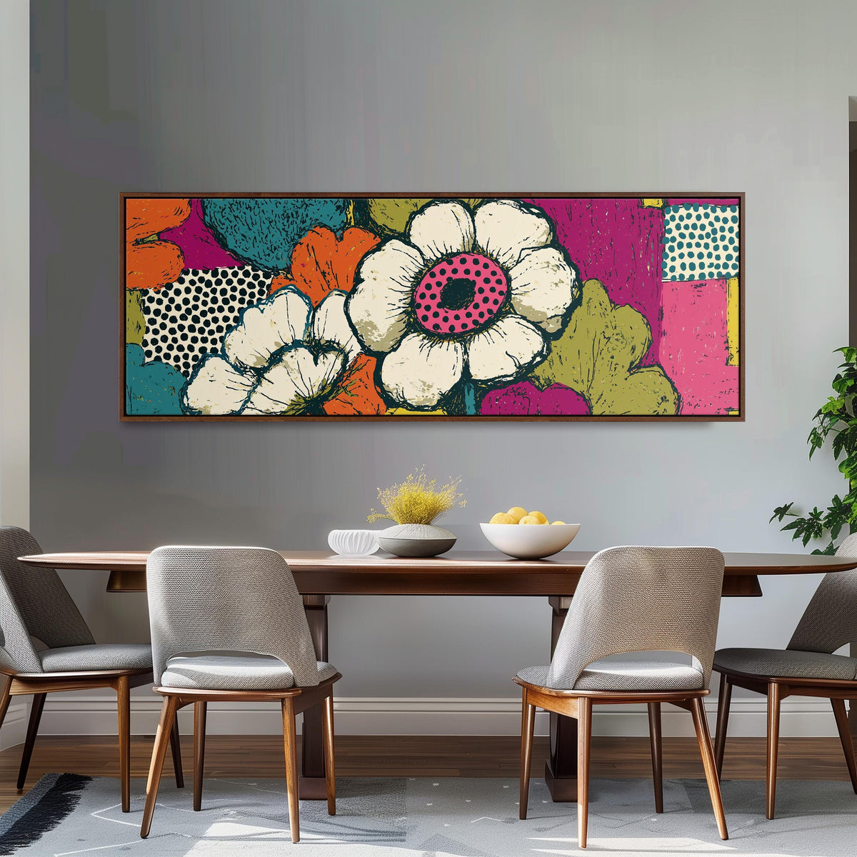 Bold pop blossoms long horizontal canvas print above a dining table