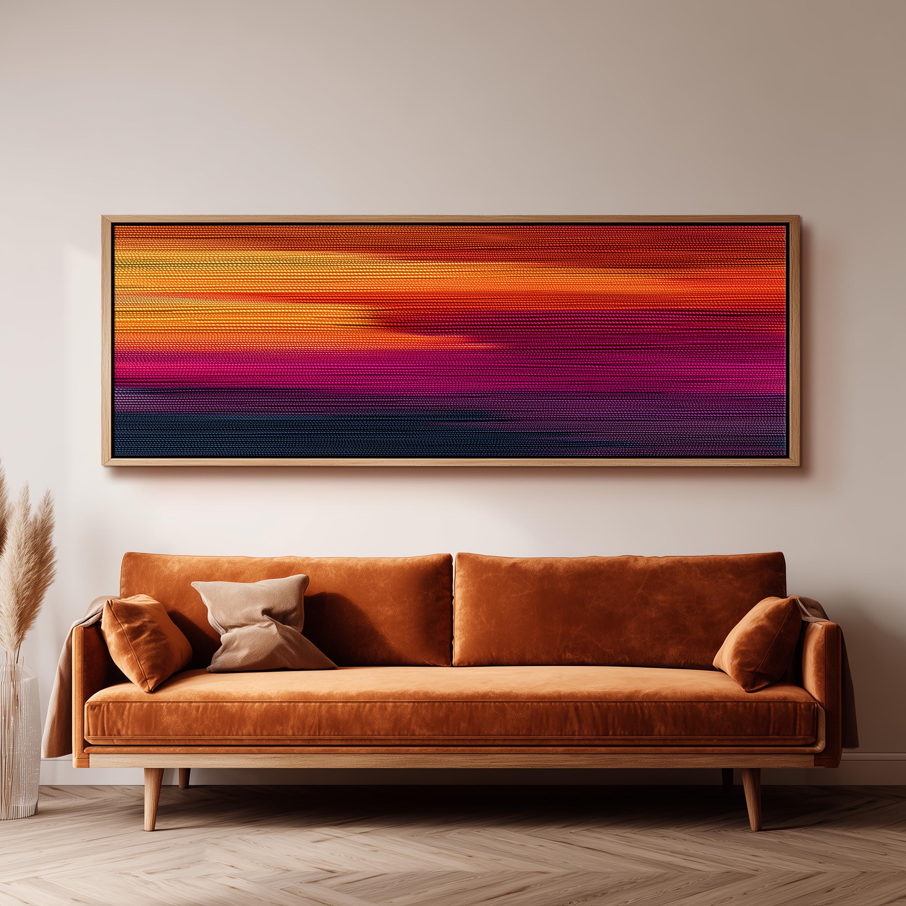 a large, vibrant abstract painting hanging on a wall above a brown sofa with two pillows.