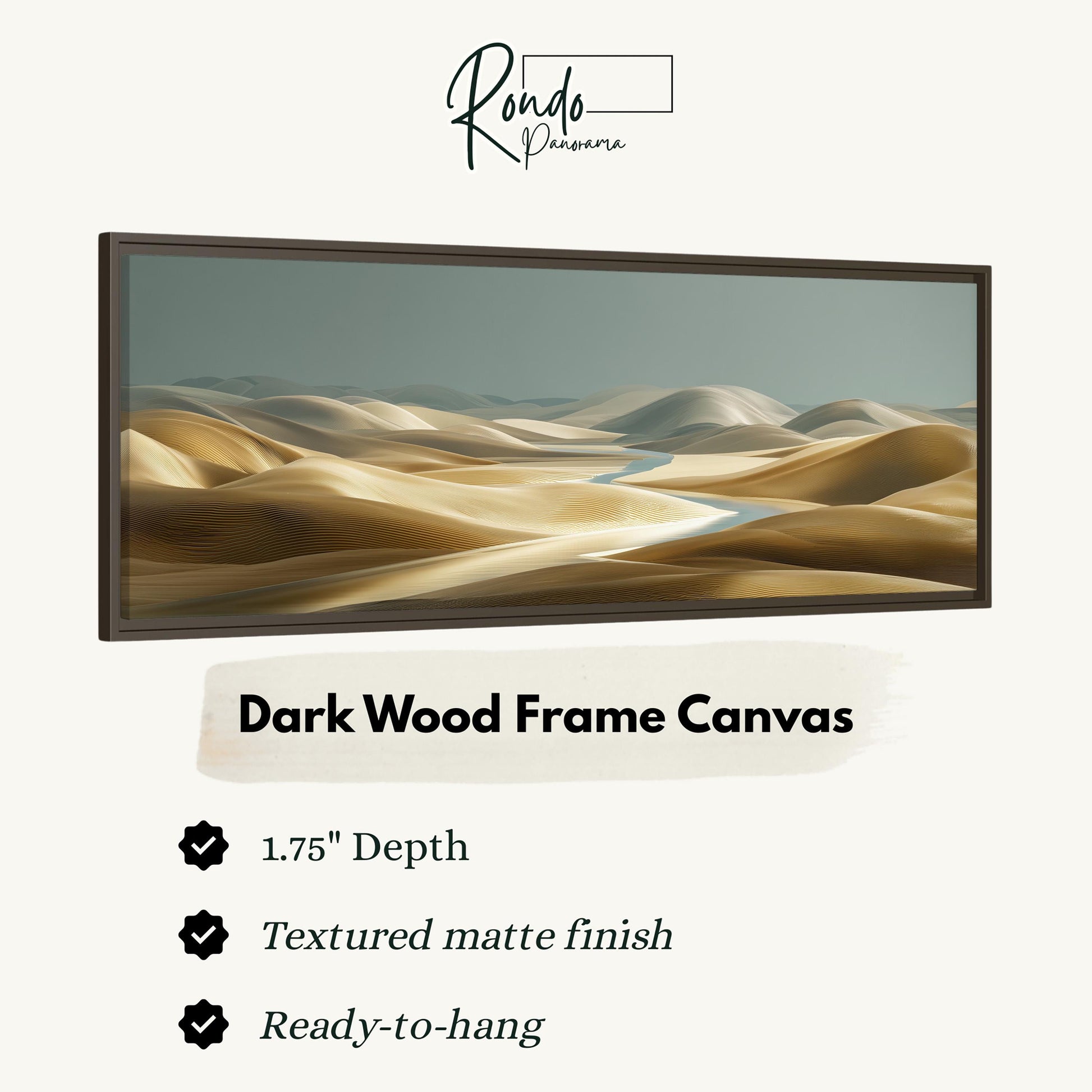 The image is a dark wood frame canvas depicting a desert landscape with rolling hills and a winding river.