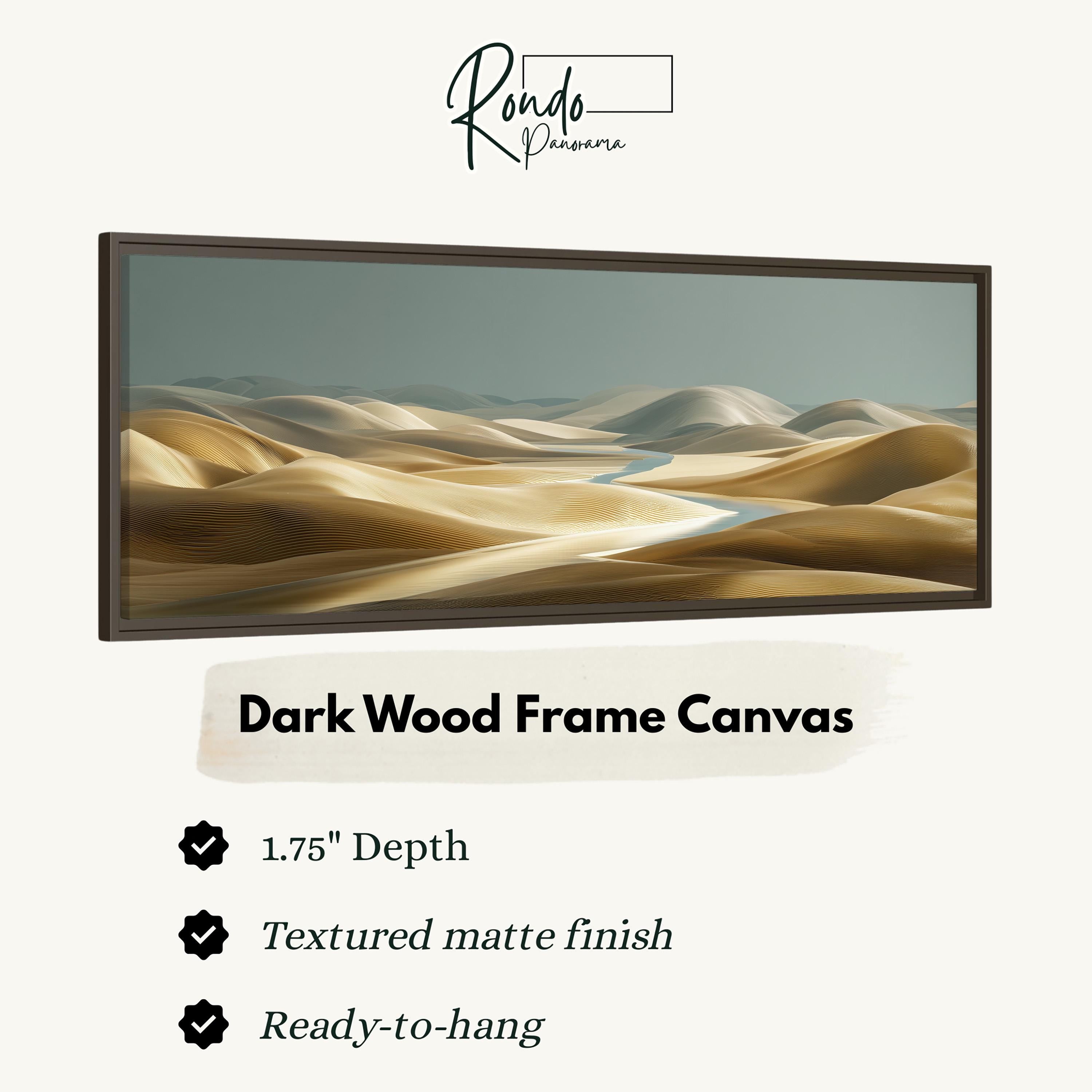 The image is a dark wood frame canvas depicting a desert landscape with rolling hills and a winding river.