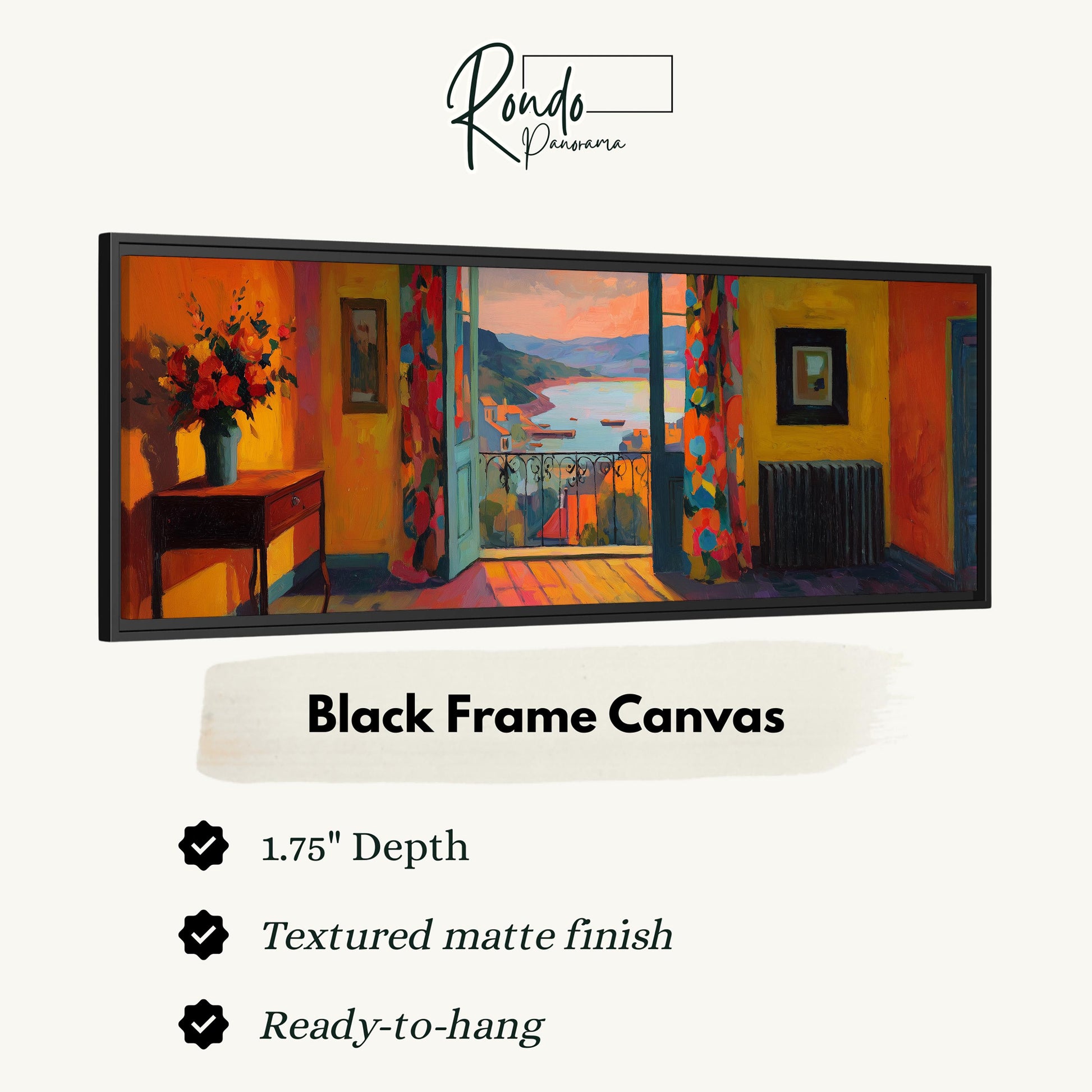 The image is a black frame canvas depicting a colorful and vibrant interior with a view of a balcony overlooking a scenic landscape.