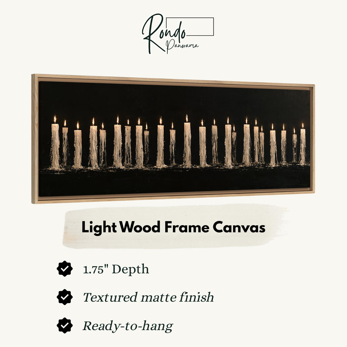 Long row of flickering candles canvas print in a light wood floating frame