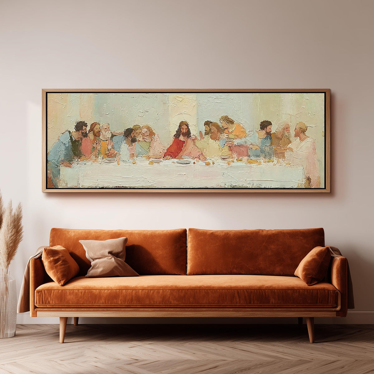 The Last Supper in a classic style wide panoramic canvas print above a bench in a dark living room