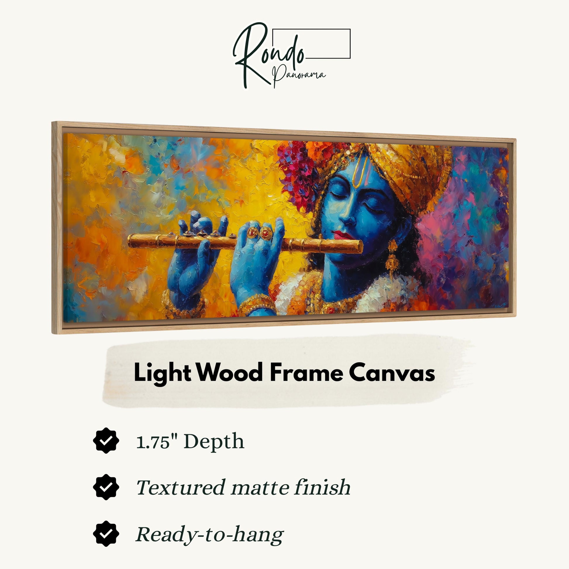a painting of a blue-skinned man playing a flute, with a light wood frame.