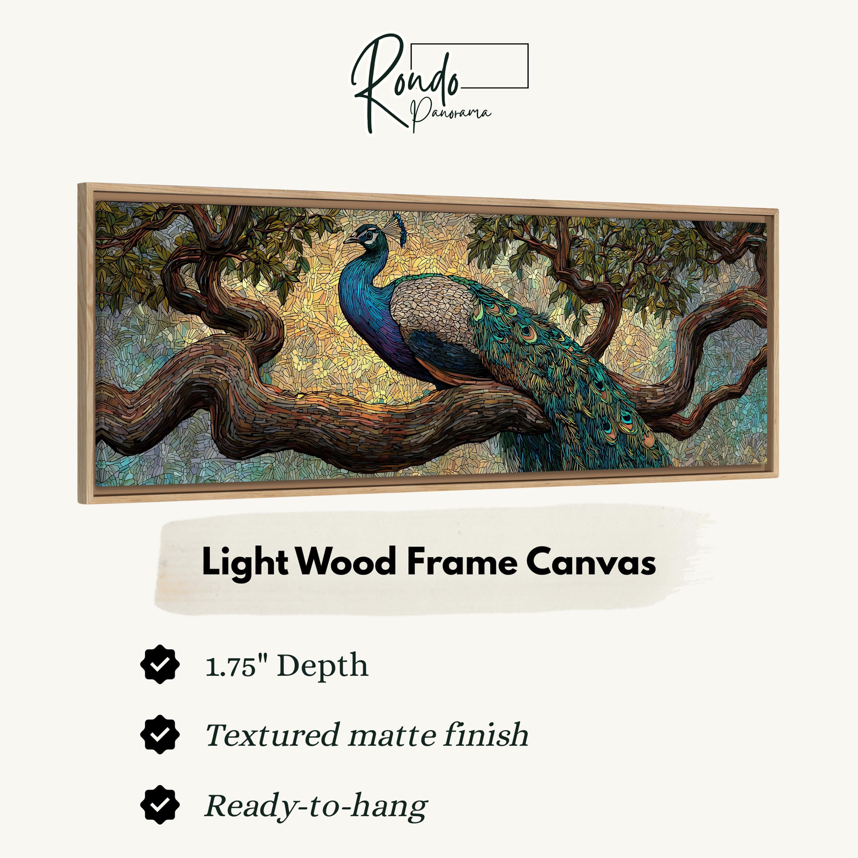 The image is a framed painting of a peacock perched on a tree branch.