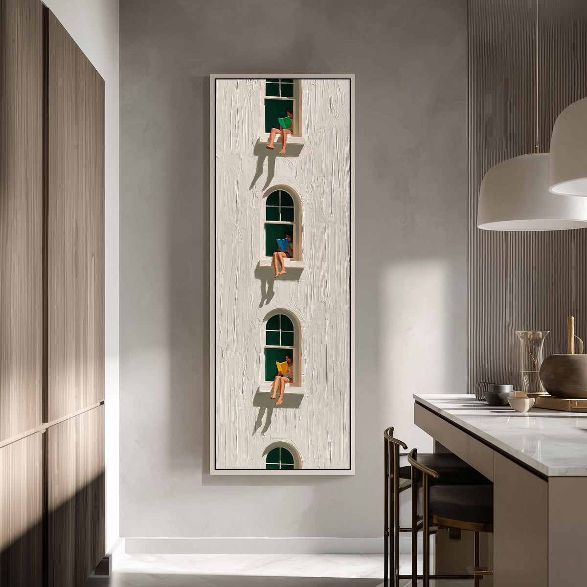 Readers sitting in stacked arched windows tall skinny canvas print in a modern kitchen