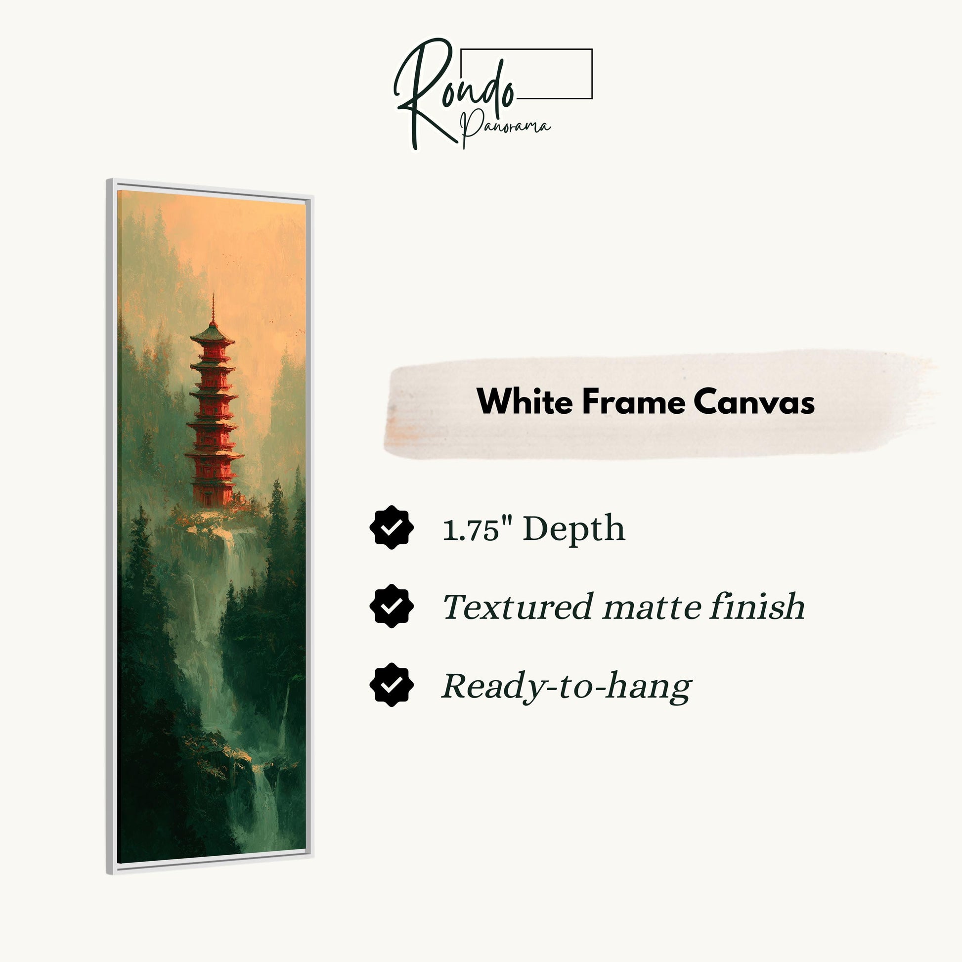 The image is a white frame canvas depicting a red pagoda in a forest setting.