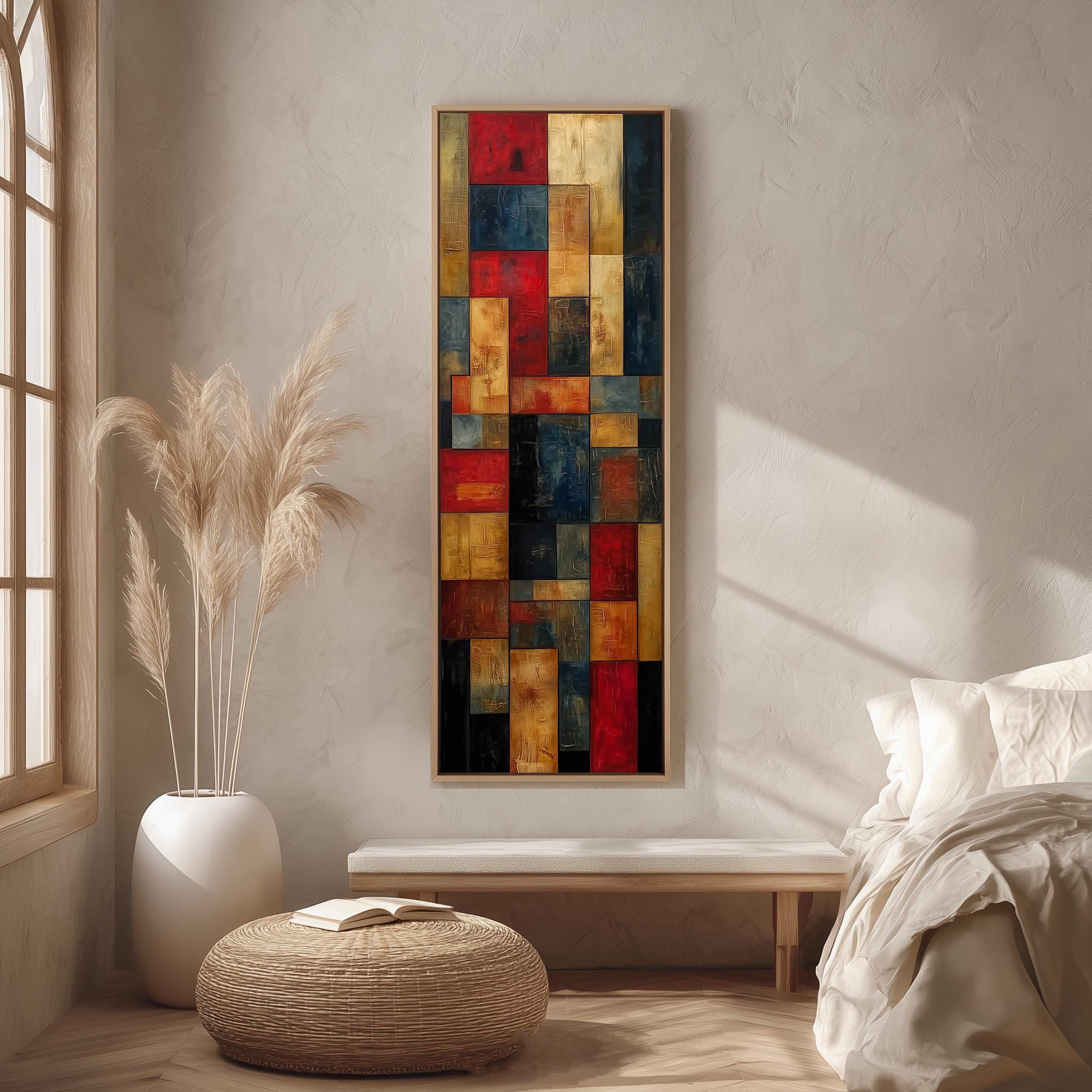 a modern and minimalist bedroom design with a large abstract painting hanging on the wall above a white bed. The painting has a vibrant mix of red, yellow, and blue colors, creating a striking contrast against the neutral tones of the room. The room also includes a large window, a white bed, and a woven ottoman, contributing to the overall clean and contemporary aesthetic.