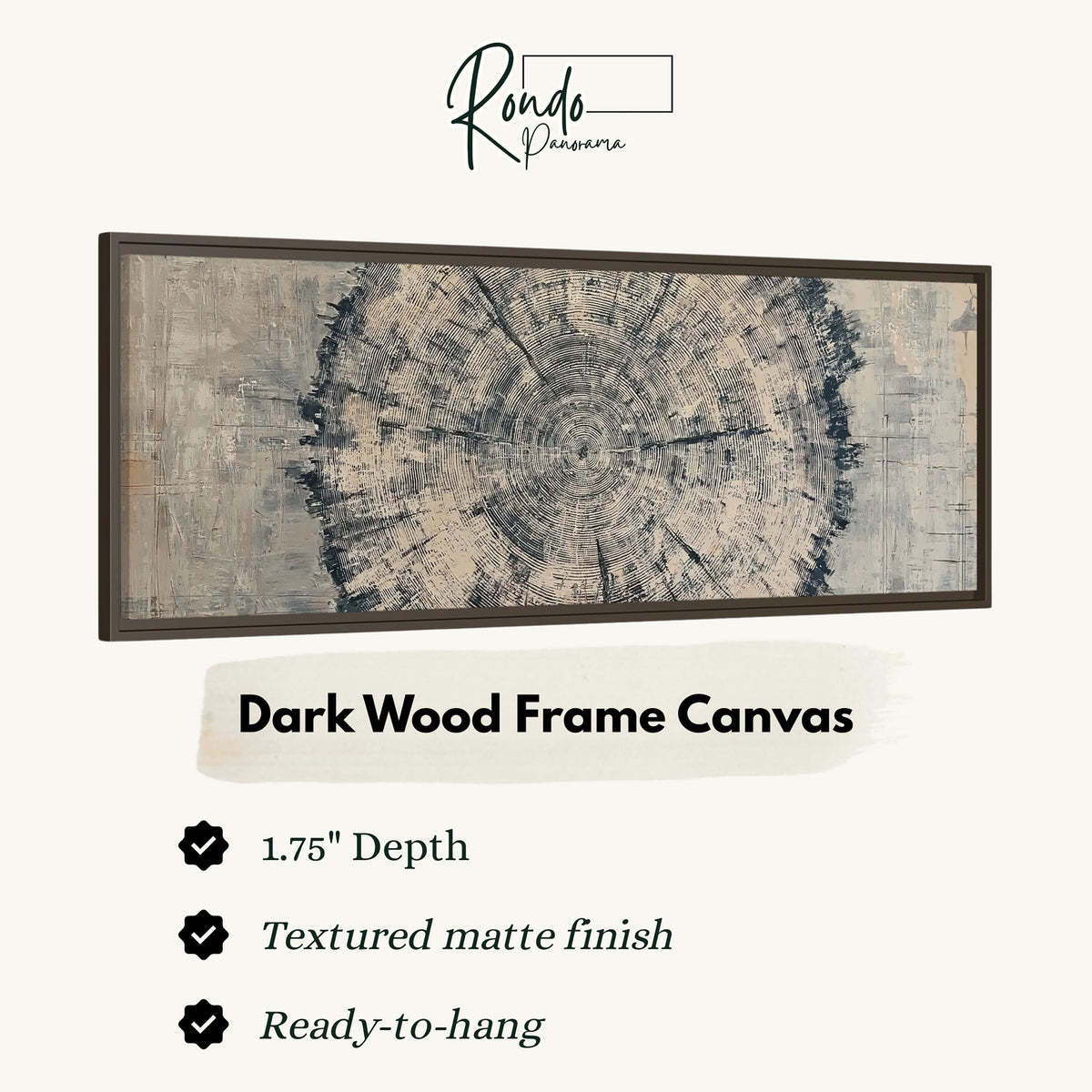 Navy ink tree ring canvas print in a dark wood floating frame